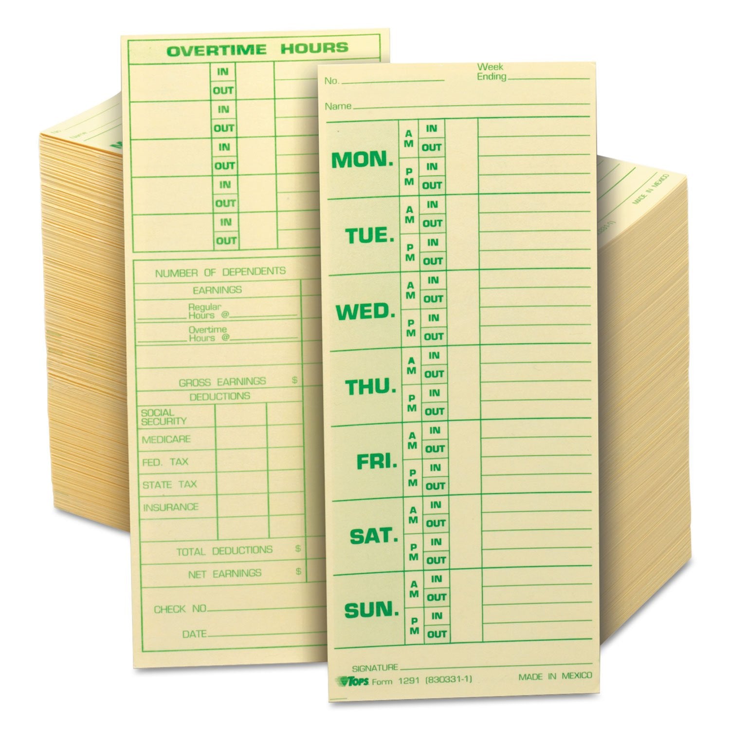 Tops 1291 Time Card For Pyramid Model 331-10, Weekly, Two-Sided, 3 1/2 X 8 1/2 (Box Of 500)