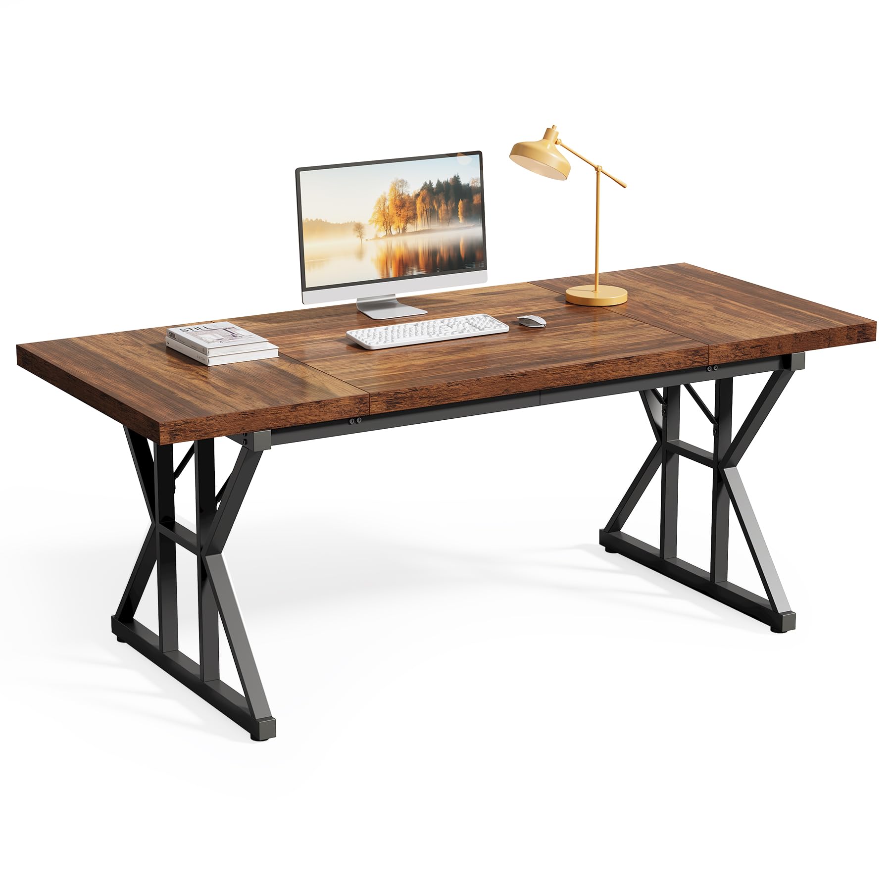 LITTLE TREE 70.8-Inch Office Desk, Wooden Executive Office Desk, Modern Work Desk, Large Farmhouse Writing Table Computer Desk f