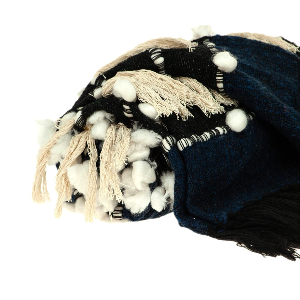 HomeRoots 50% Wool, 50% Acrylic Navy Blue Boho Woven Handloom Throw with Pom Pom