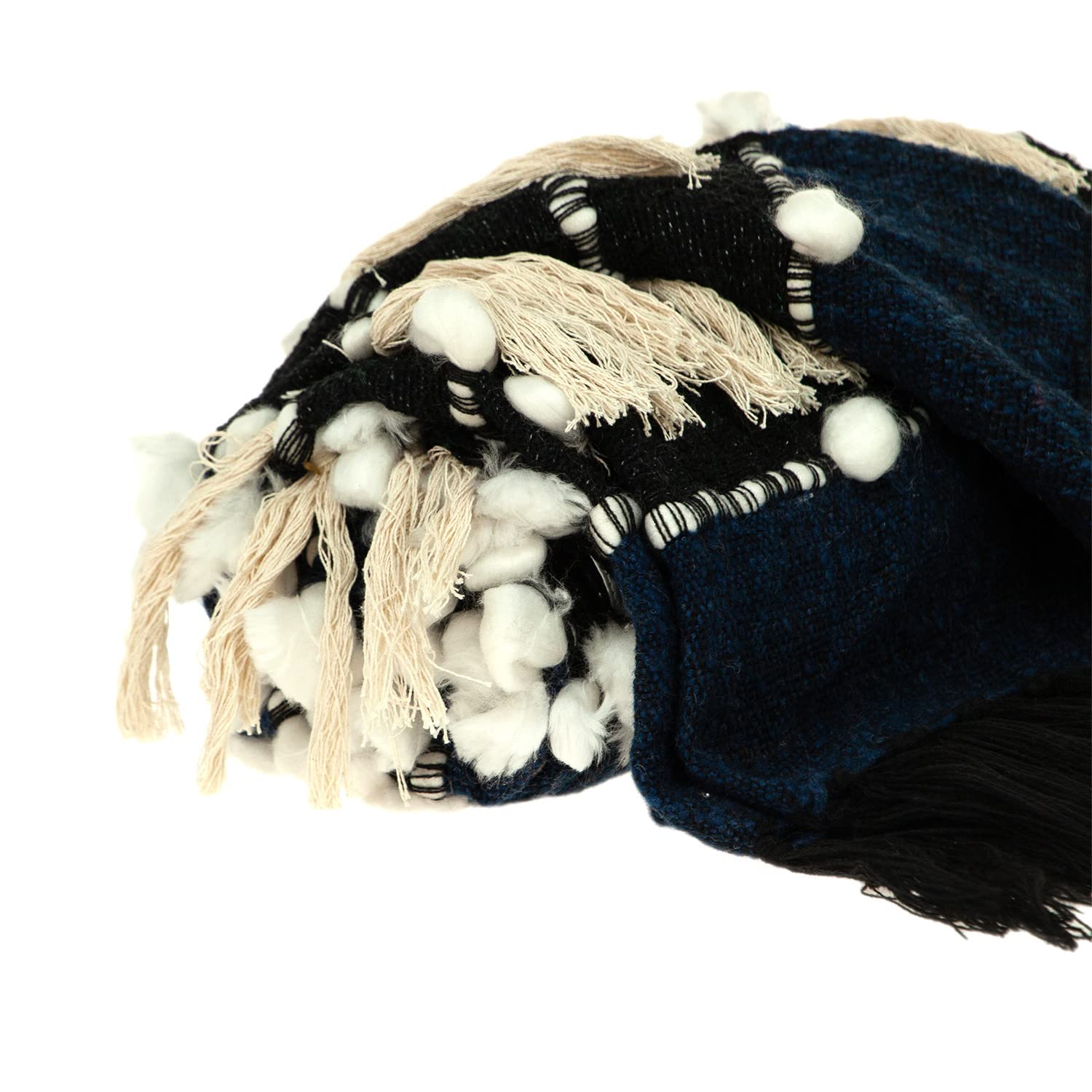 HomeRoots 50% Wool, 50% Acrylic Navy Blue Boho Woven Handloom Throw with Pom Pom