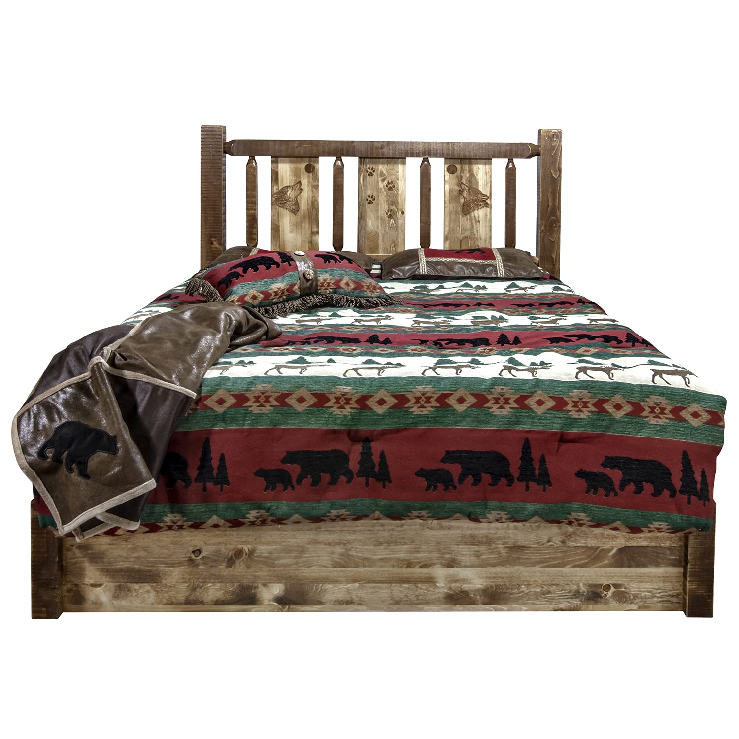 Montana Woodworks Homestead Collection Platform Bed w/Storage, Queen w/Laser Engraved Wolf Design, Stain & Clear Lacquer Finish