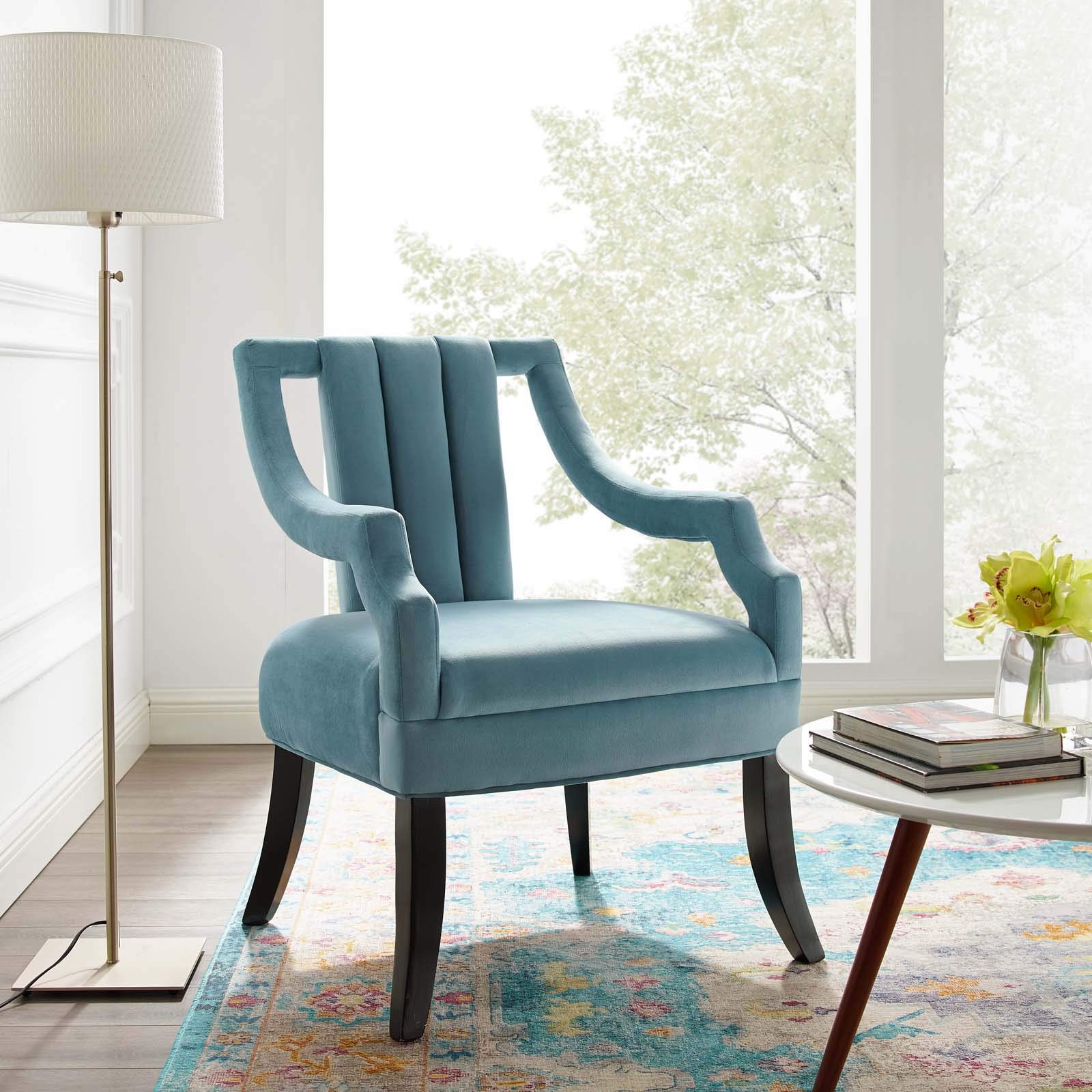 Modway Harken Channel Tufted Performance Velvet Accent Living Room Armchair In Light Blue