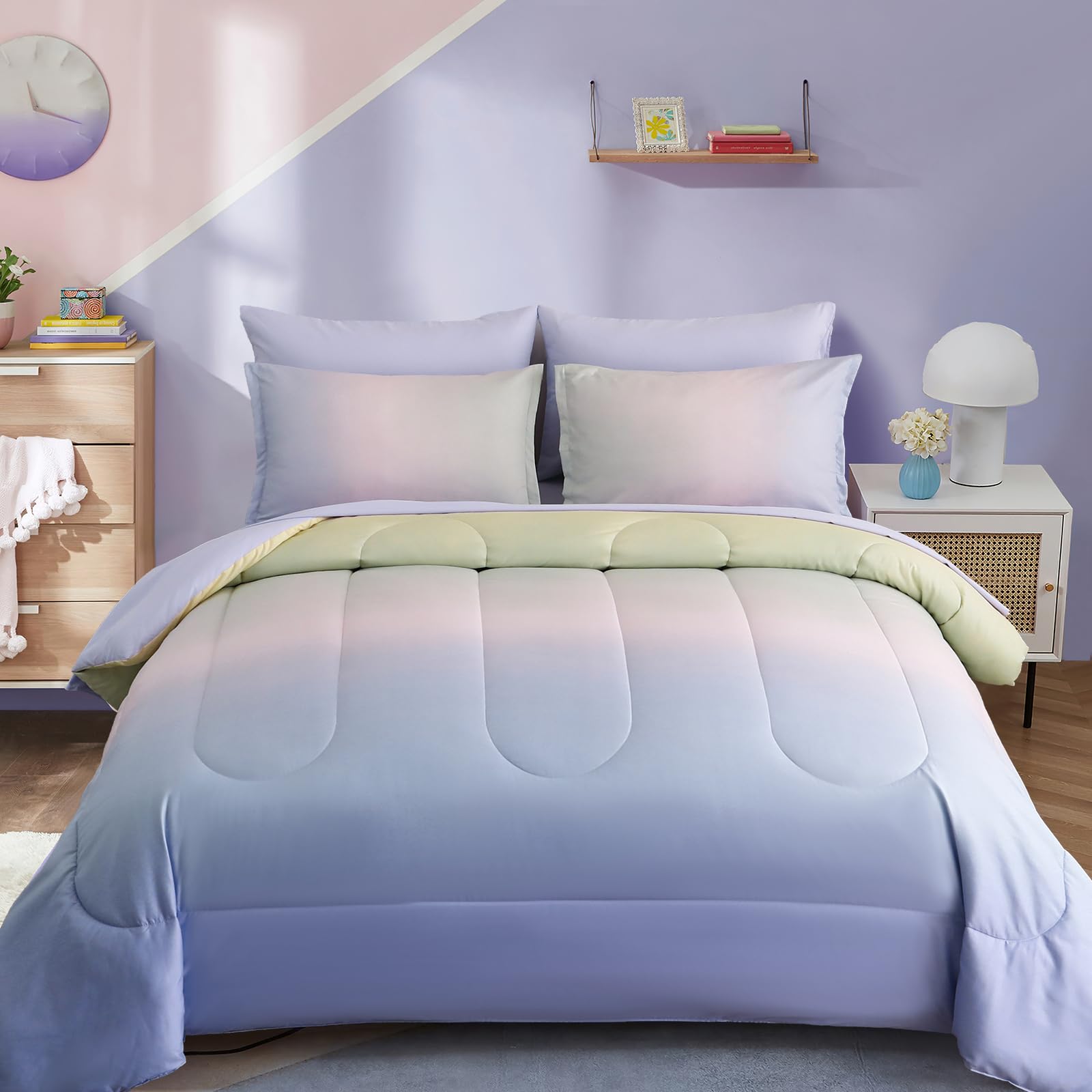 Dinjoy Girls Comforter Set Full Size Colorful Rainbow Ombre Pink Purple Green Bedding Set Gradient 7 Pieces Bed in A Bag for Kid