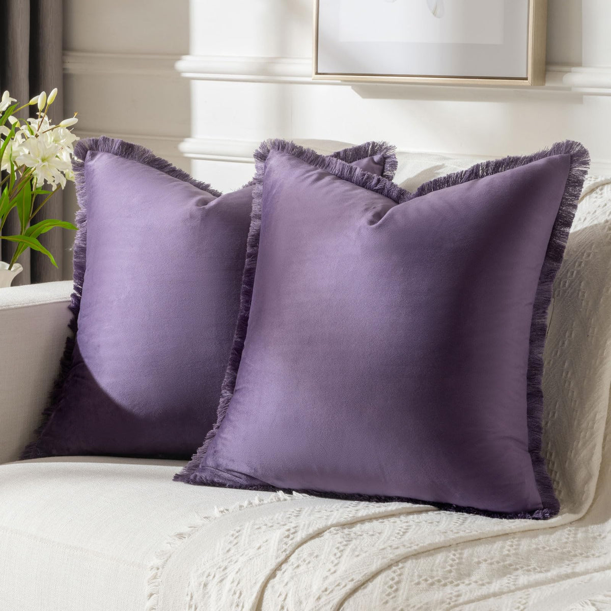 FUTEI Eggplant Purple Boho Throw Pillow Covers with Tassels 16x16 Inch Set of 2,Soft Velvet Decorative Cushion Case,Home Decor f