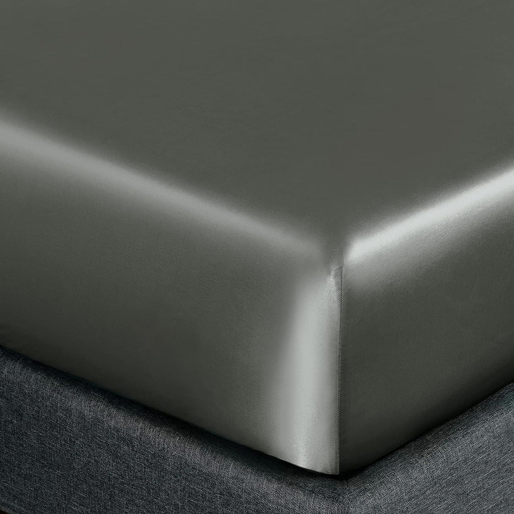 Homiest Dark Grey Satin Fitted Sheet Queen Size Fitted Bed Sheet, Deep Pocket Fitted Sheet Only, Luxury & Ultra Soft Bedding Fitted Sheet Single Bottom Bed Sheets Sold Separately