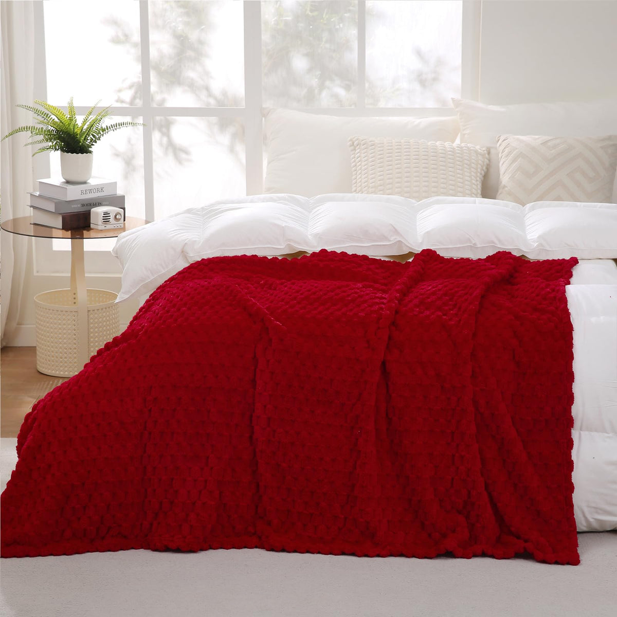 Puncuntex Red Throw Blanket 108'  90' Inches Fuzzy 3D Jacquard Decorative Flannel Fleece Super Soft Plush Cozy Blanket For Cou