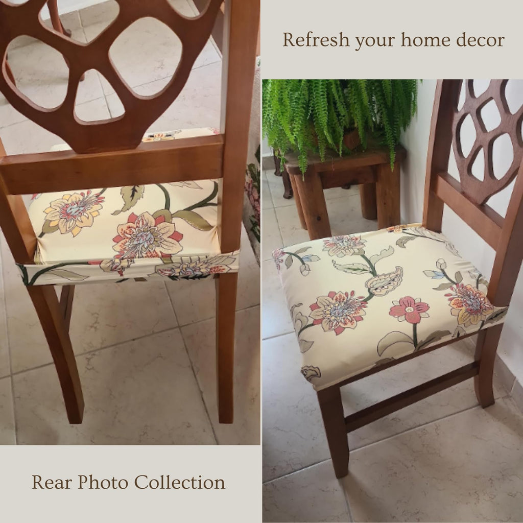 Searchi Stretch Dining Chair Seat Covers Set Of 6, Soft Removable Washable Seat Covers For Dining Chairs, Dining Room Seat Cover Protector (Rear-Covered, Brown Flowers)