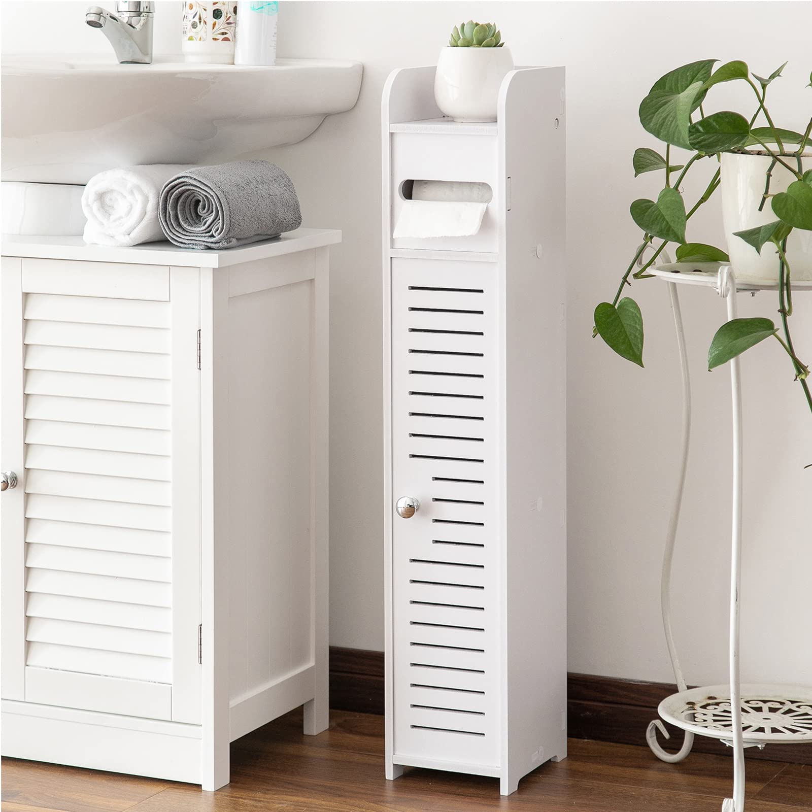 AOJEZOR Toilet Paper Holder Stand: Small Bathroom Storage Cabinet for Small Spaces,White