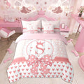 Feelyou Pink Heart Love Comforter Set with Sheets 7 Piece Full Size Personalized Initial S Bedding Set for Kids Boys Girls Princ