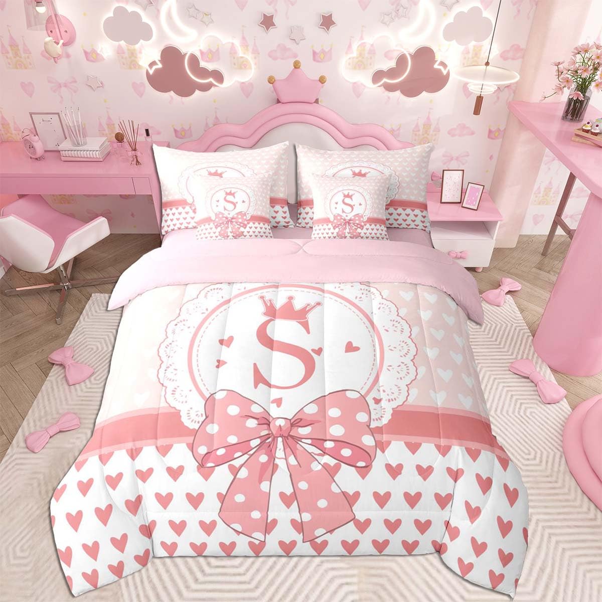 Feelyou Pink Heart Love Comforter Set with Sheets 7 Piece Full Size Personalized Initial S Bedding Set for Kids Boys Girls Princ