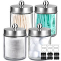 4 Pack Apothecary Jars Bathroom Vanity Storage Organizer Set -Countertop Canister with Stainless Steel Lids &Stickers - Qtip Dis