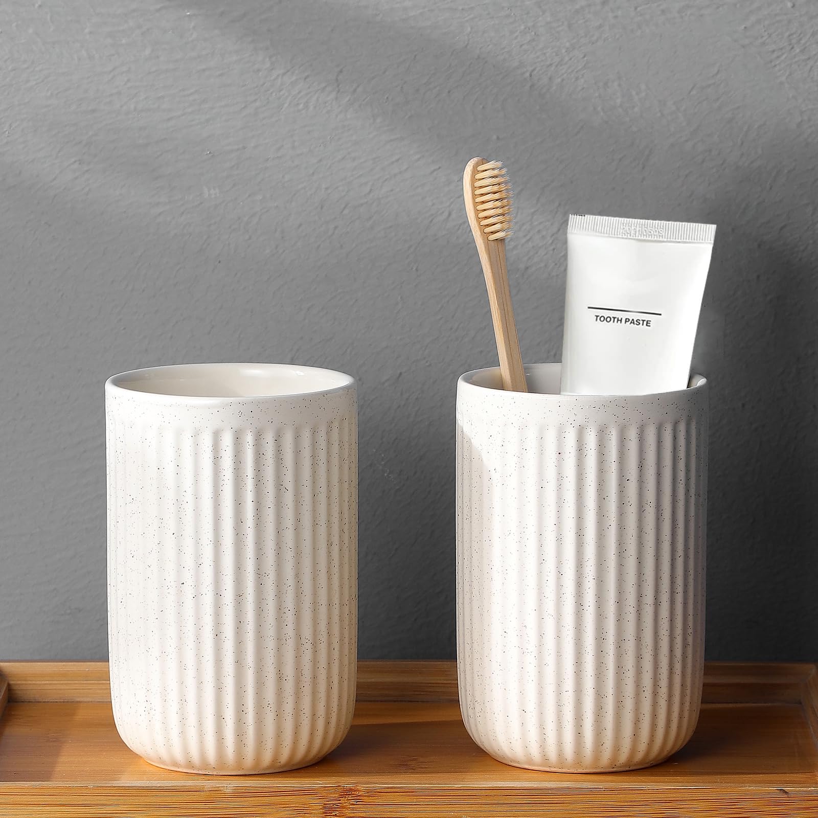 BSDISP Toothbrush Holders - 2 Cup Ceramic Toothbrush Toothpaste Holders Set, Beige Bathroom Tumbler Cups Reusable Toothbrush Mou
