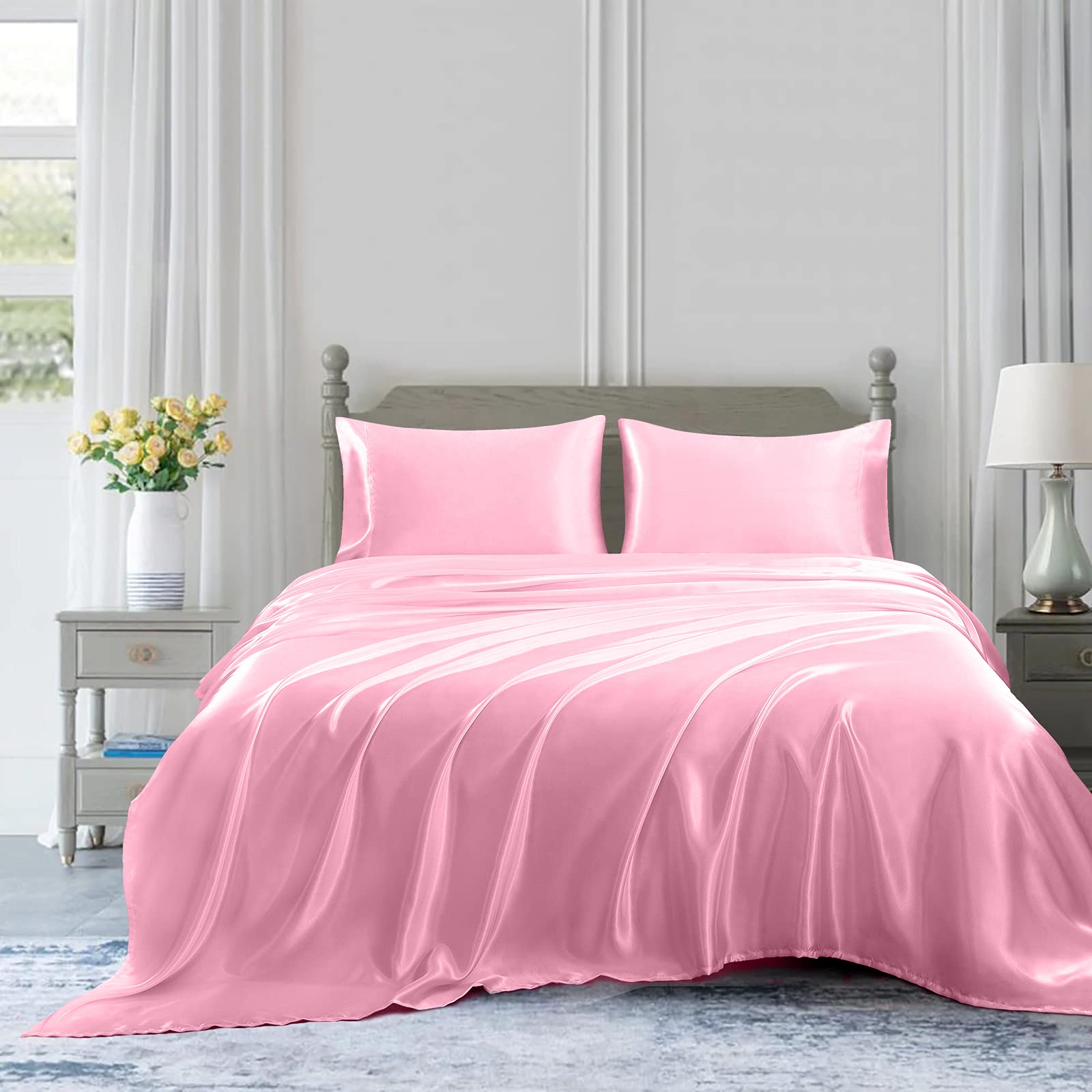 Homiest 3Pcs Satin Sheets Set Luxury Silky Satin Bedding Set With Deep Pocket, 1 Fitted Sheet + 1 Flat Sheet + 1 Pillowcase (Twin Xl Size, Pink)