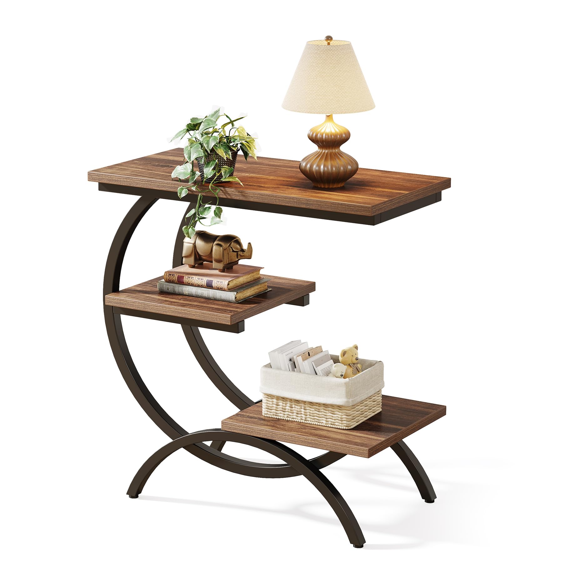 LITTLE TREE End Table Set 2, Narrow End Table with 3 Storage Shelves, Industrial C-Shaped Small Sofa Side Table for Living Room,