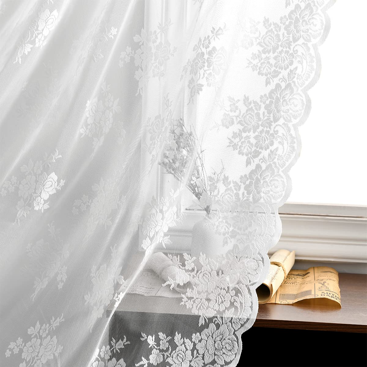 Kotile Lace Curtains 108 Inch Length, Country Floral Lace Curtains For Living Room, Scalloped Lace Sheer Curtains, Rod Pocket Wh