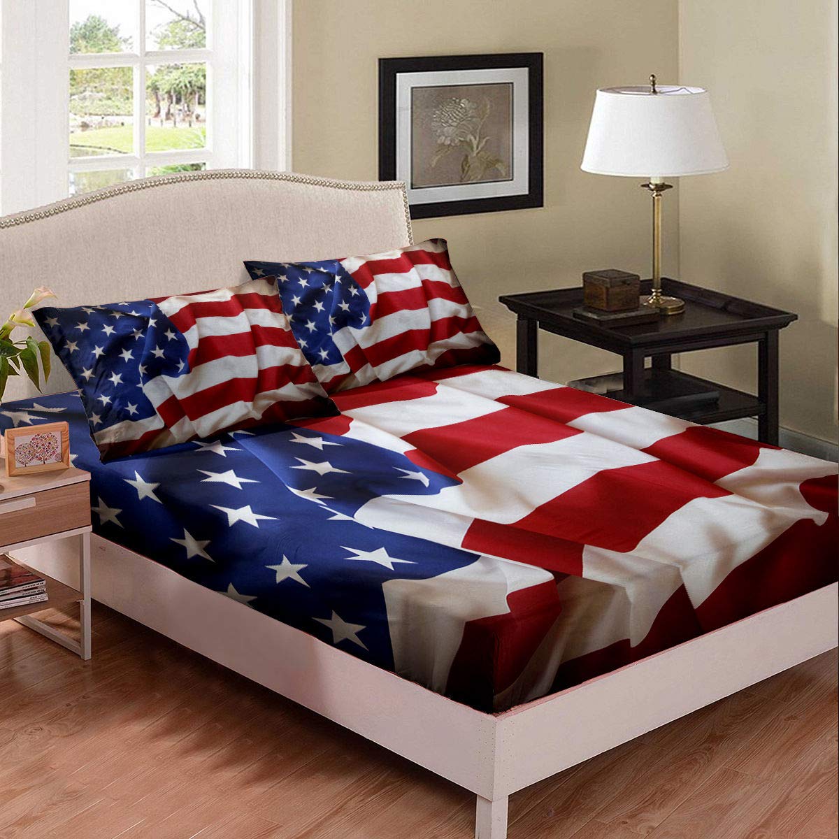 United States Fitted Sheet American Flag Blue Red Printing Bedding Set for Kids Teens Adult USA Federations Stars Stripe Fitted 