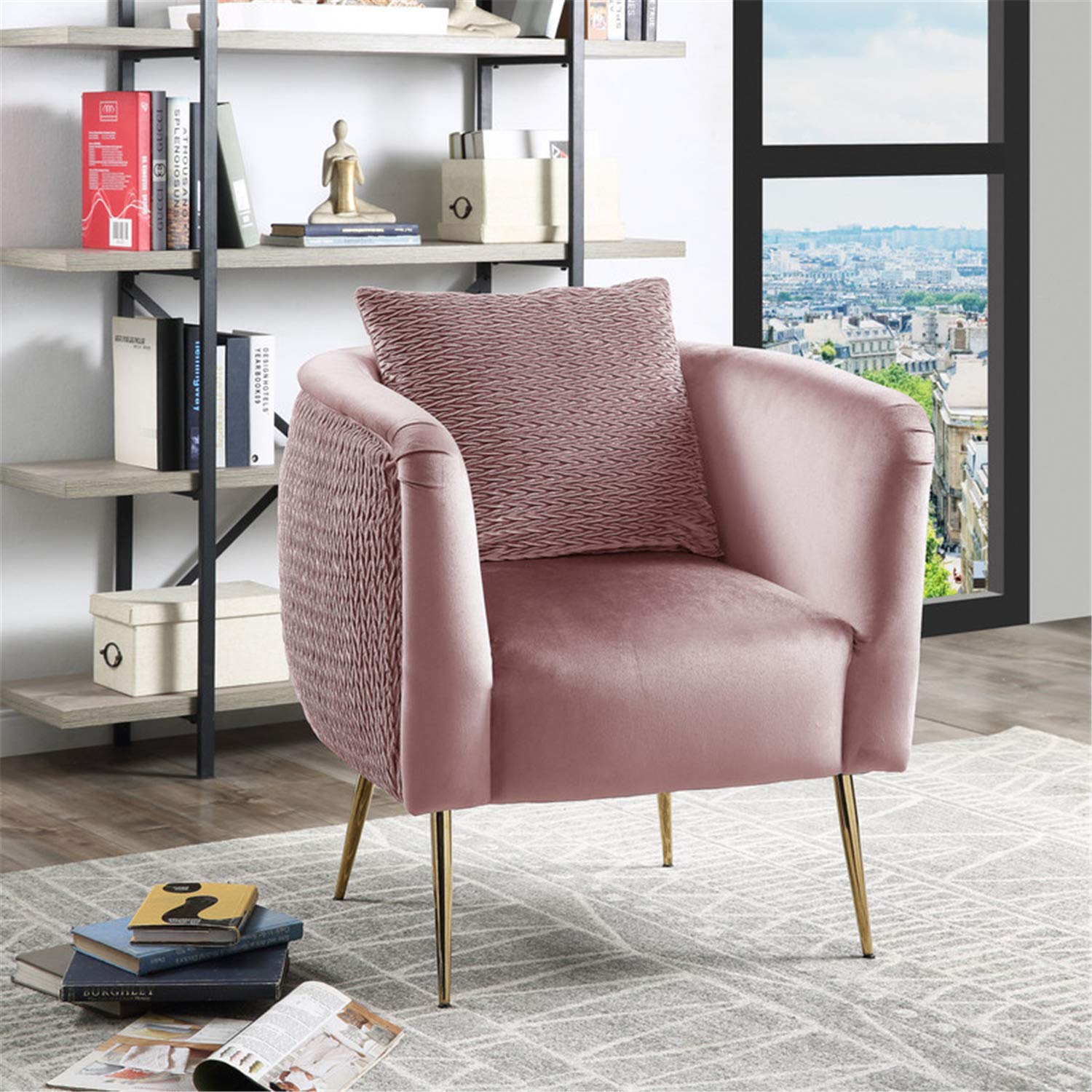 Lilola Home Natalie Blush Pink Velvet Barrel Accent Chair - Thumbnail 4