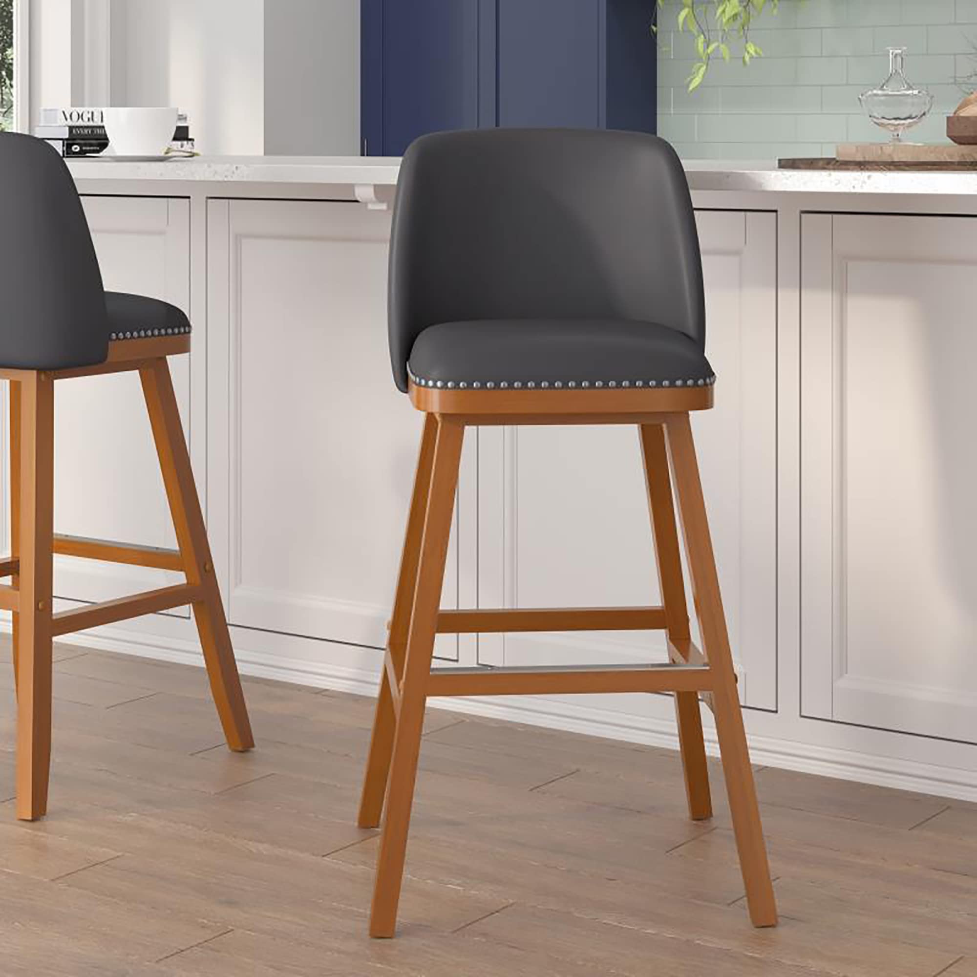 Flash Furniture Julia Set of 2 Transitional Counter Stools - Gray LeatherSoft Upholstery - Silver Nailhead Trim - 30 Inch - Walnut Finish Wood Frames