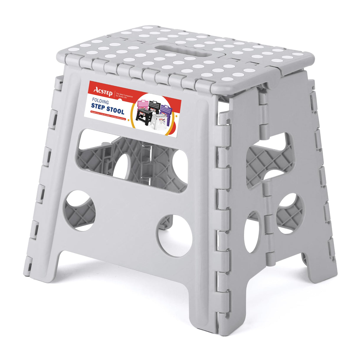 Acstep Folding Step Stool 13'' Foldable Step Stool For Kids And Adults Up To 300 Lbs, Non-Slip Folding Stools With Portable Handle For Bedroom Kitchen, Bathroom Grey