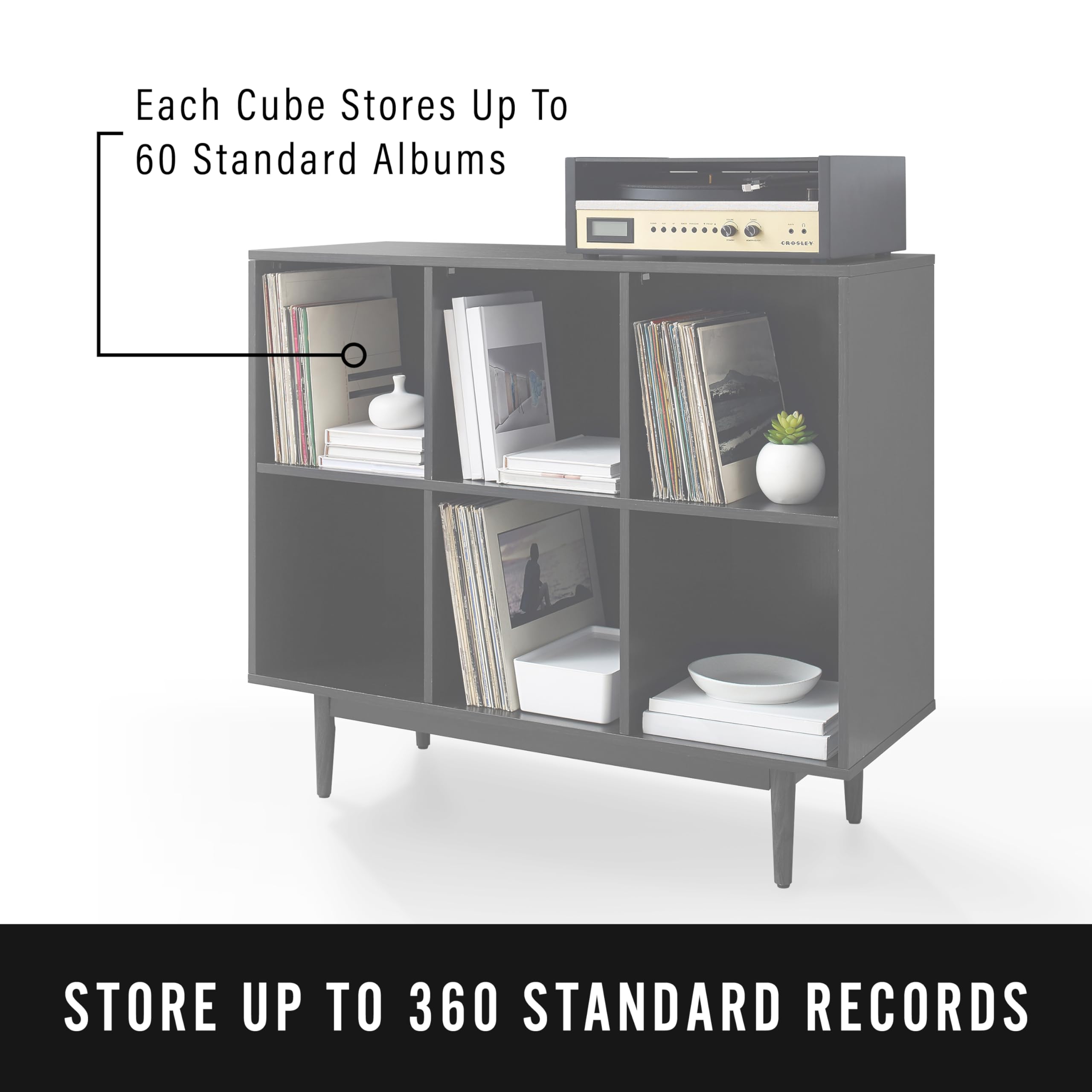 Crosley Furniture Liam Mid-Century 6-Cube Record Storage Bookcase with Speaker, Black