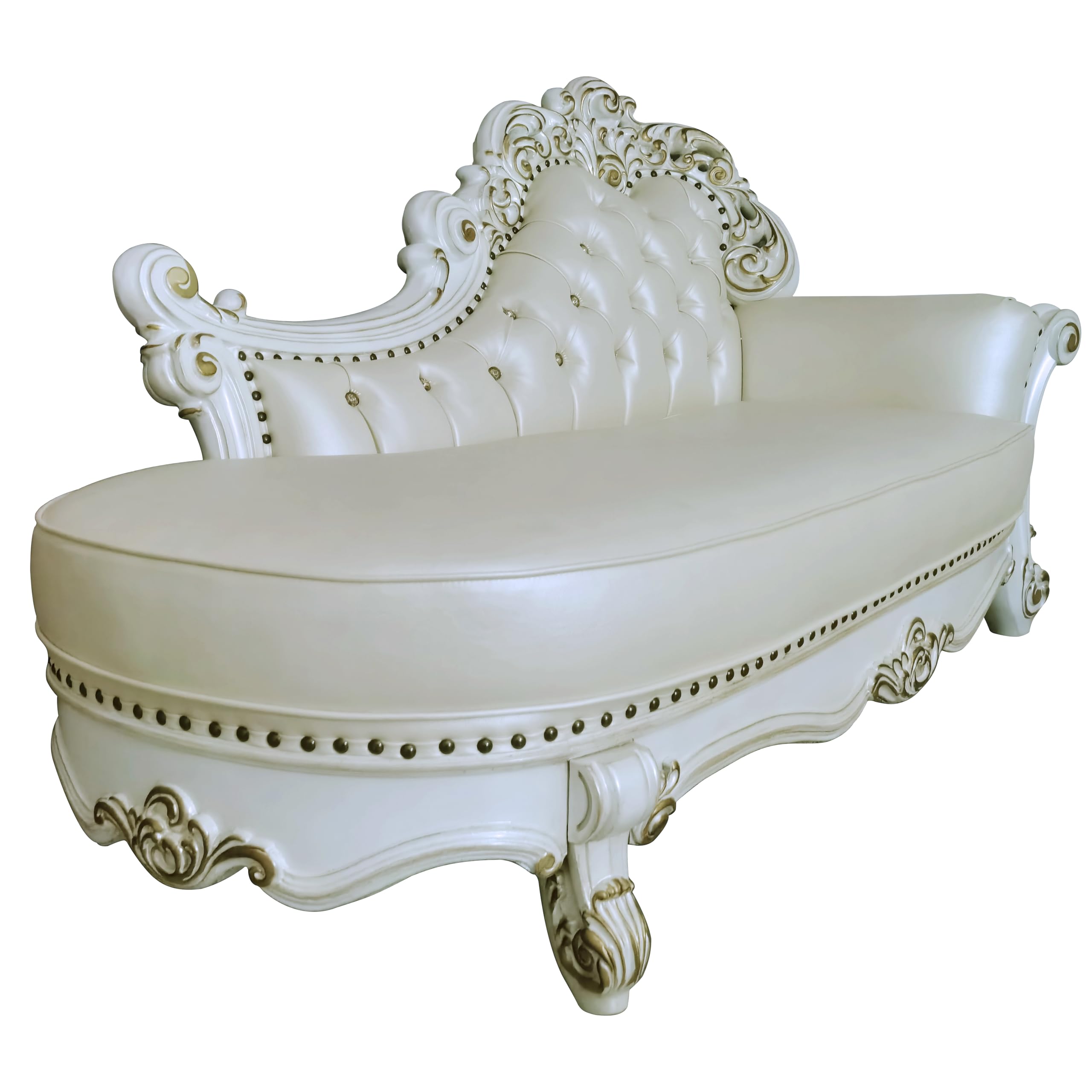 Acme Vendome Wooden Upholstered Chaise with Two Pillows in Pearl