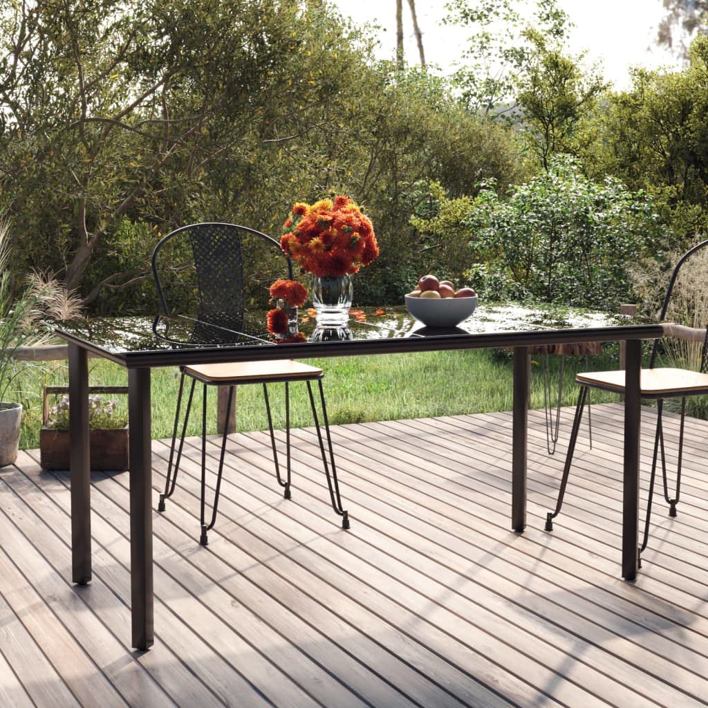 vidaXL Black Patio Dining Table - Powder-Coated Steel and Easy-to-Clean Tempered Glass Tabletop, Perfect for Outdoor Living Space