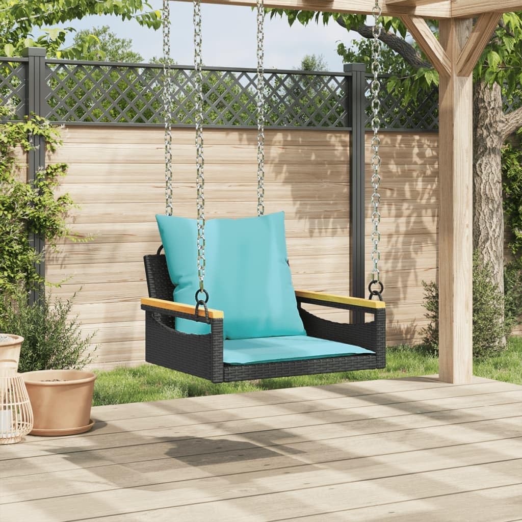 vidaXL Black Poly Rattan Swing Bench w/Blue Cushions - Outdoor/Garden Hammock Chair - 24.8"x24.4"x14.6" - PE Rattan, Steel & Acacia Wood