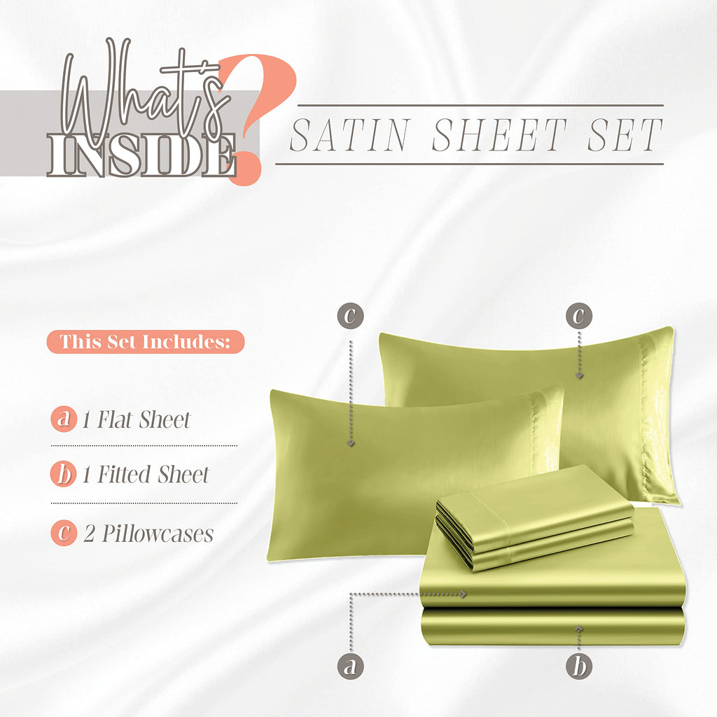 Elegant Comfort Luxurious 4-Piece Silky Satin Sheet Set, Skin And Hair Friendly, Wrinkle, Fade, Stain Resistant With Deep Pockets Fitted Sheet, Cooling Soft Satin Sheet Set, King, Pistachio Green