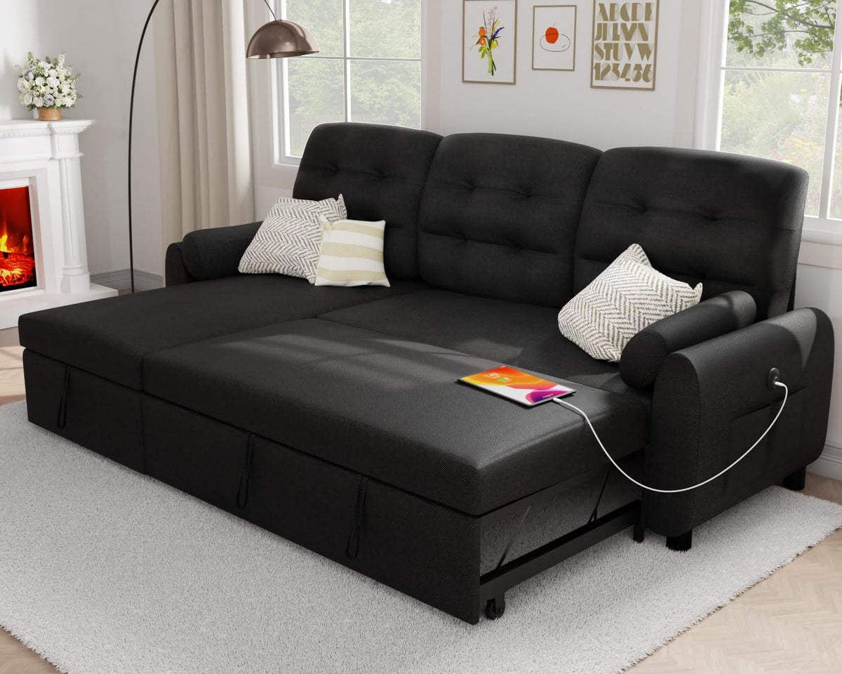 Ucloveria Sectional Sofa Couch, 87' Sleeper Sofa Bed With Reversible Storage Chaise Pull Out Couch For Living Room | Side Pocket | Charging Station | Removable Backrest | Linen Fabric, Black