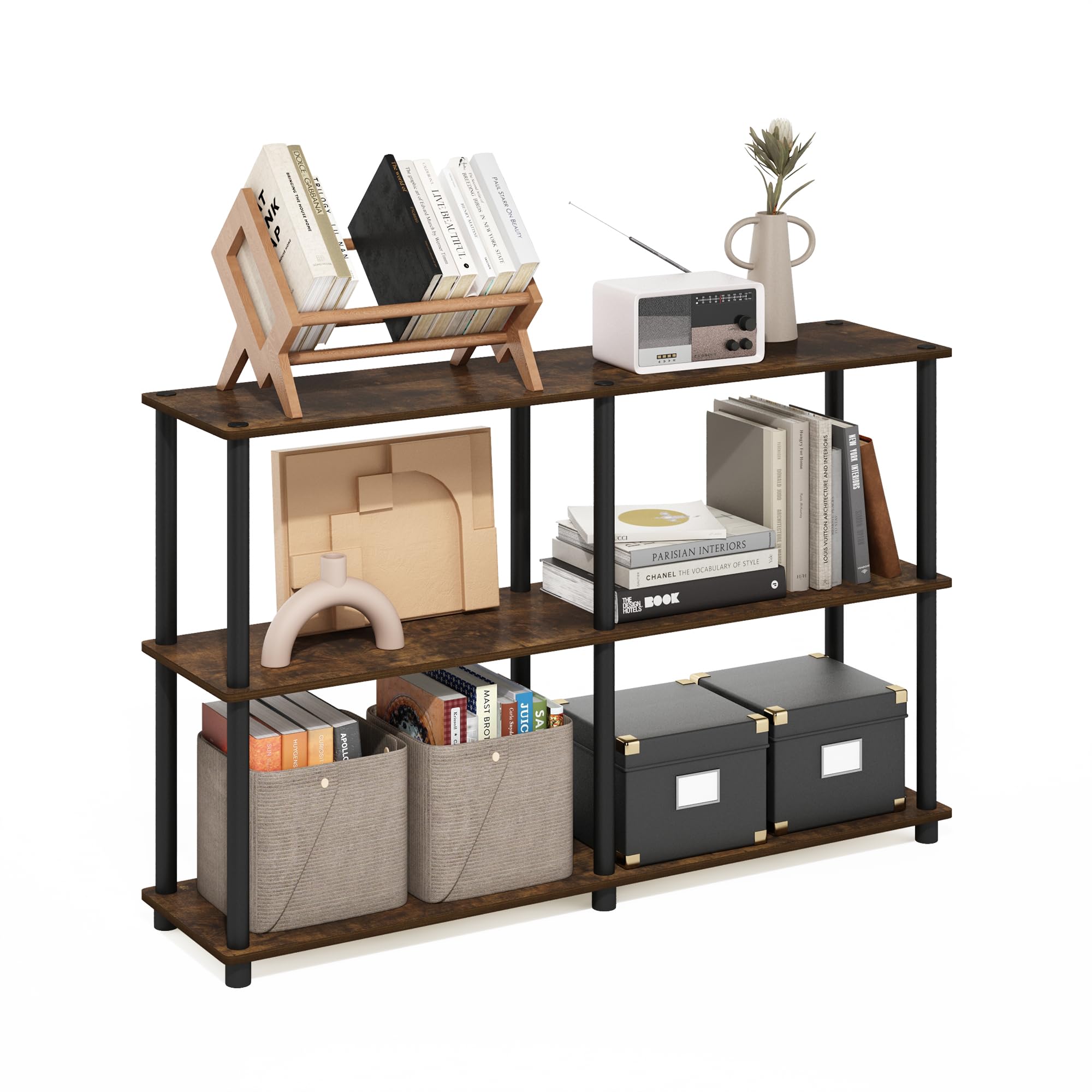 Furinno Turn-N-Tube 3-Tier Double Size Storage Display Rack, Amber Pine/Black