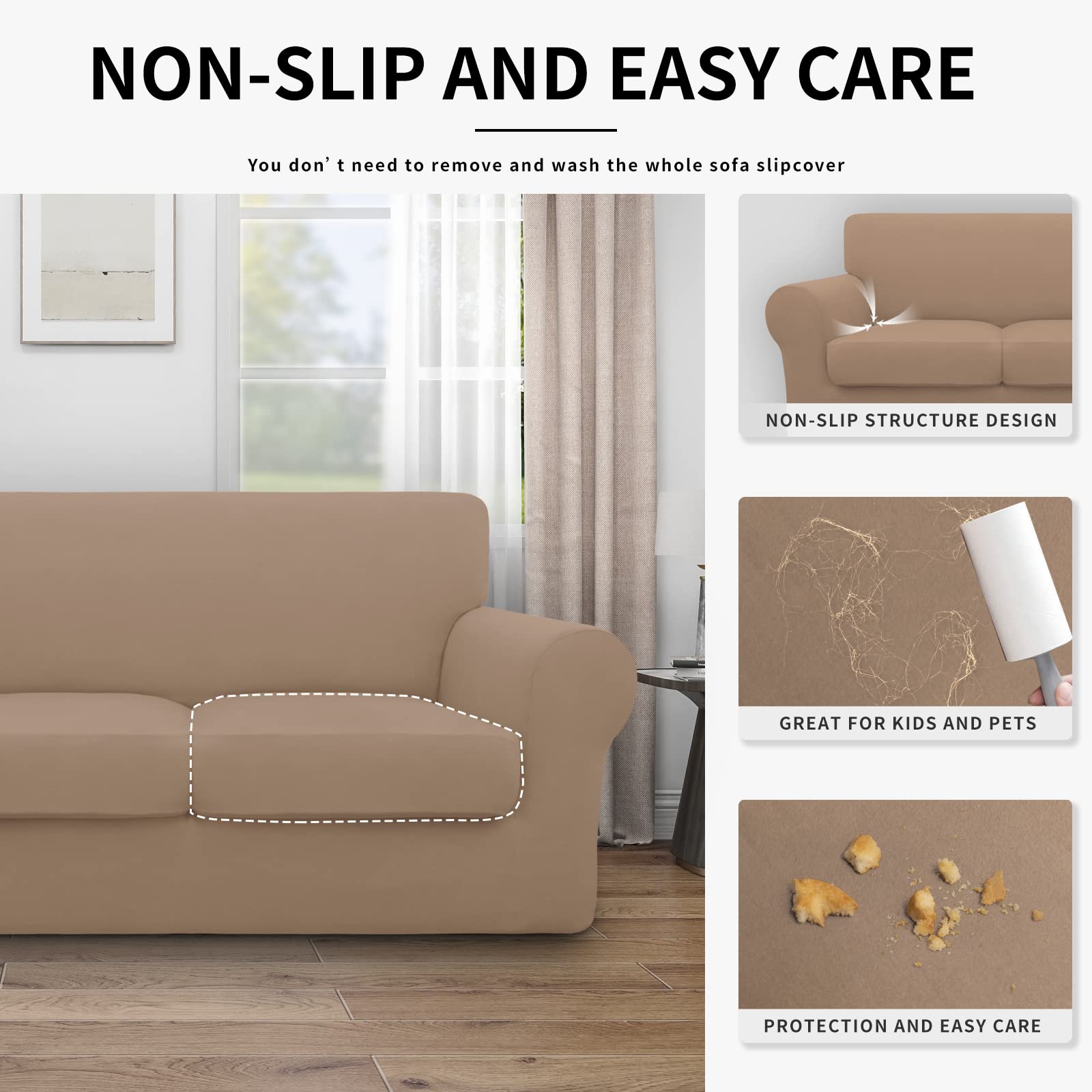 Easy-Going 100% Dual Waterproof 3 Pieces Loveseat Cover Stretch Soft Couch Cover For Dogs, Sofa Slipcover For 2 Separate Cushion Couch Leakproof Furniture Protector For Kids, Pets Camel