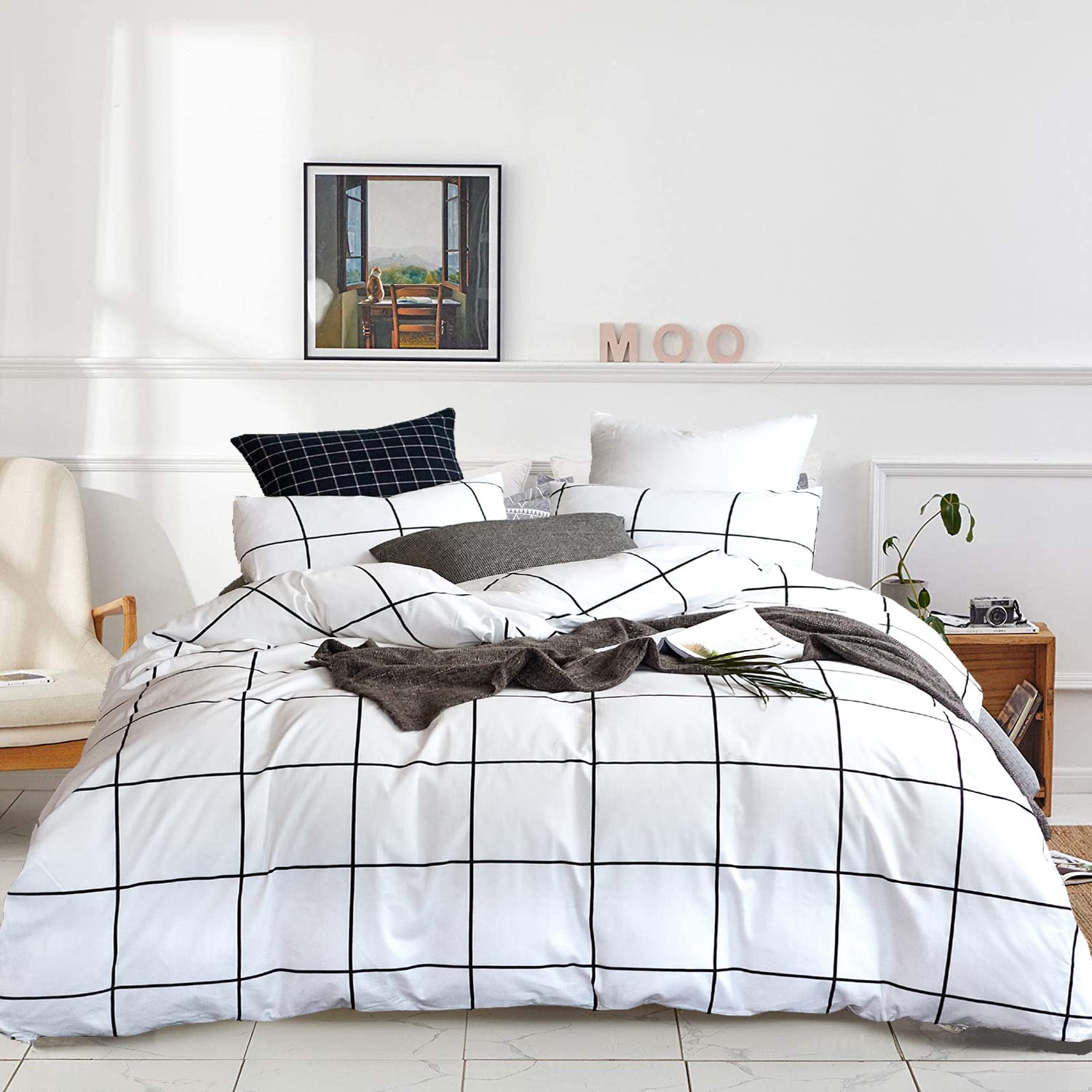 Karever White Grid Comforter Set Big Grid Bedding Set King White Black Plaid Printed Stripes Women Checkered Comforters Bedding
