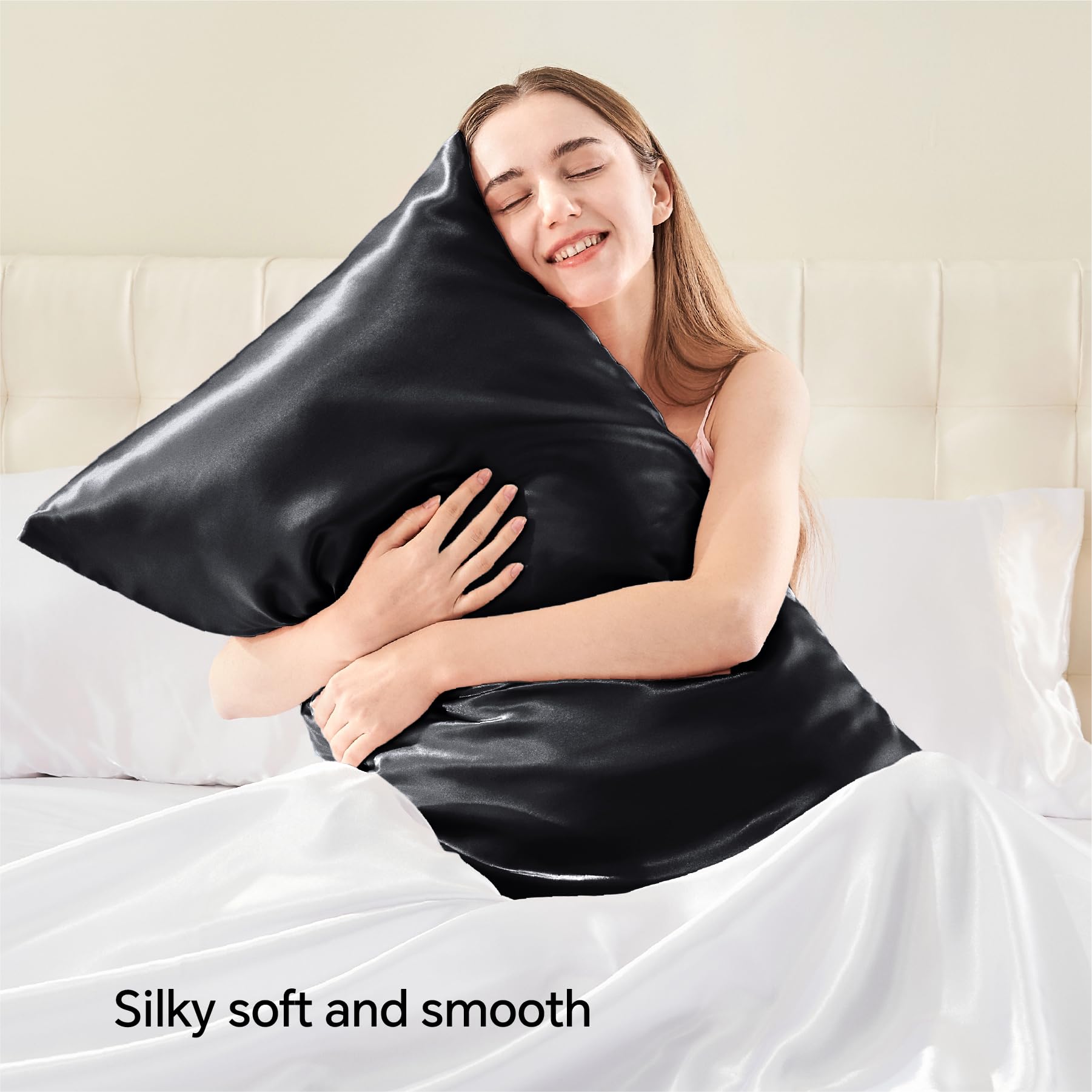 Bedelite Satin Pillowcase With Zipper, Black King Size Pillow Cases Set Of 2, Super Soft And Cooling Similar To Silk Pillow Case