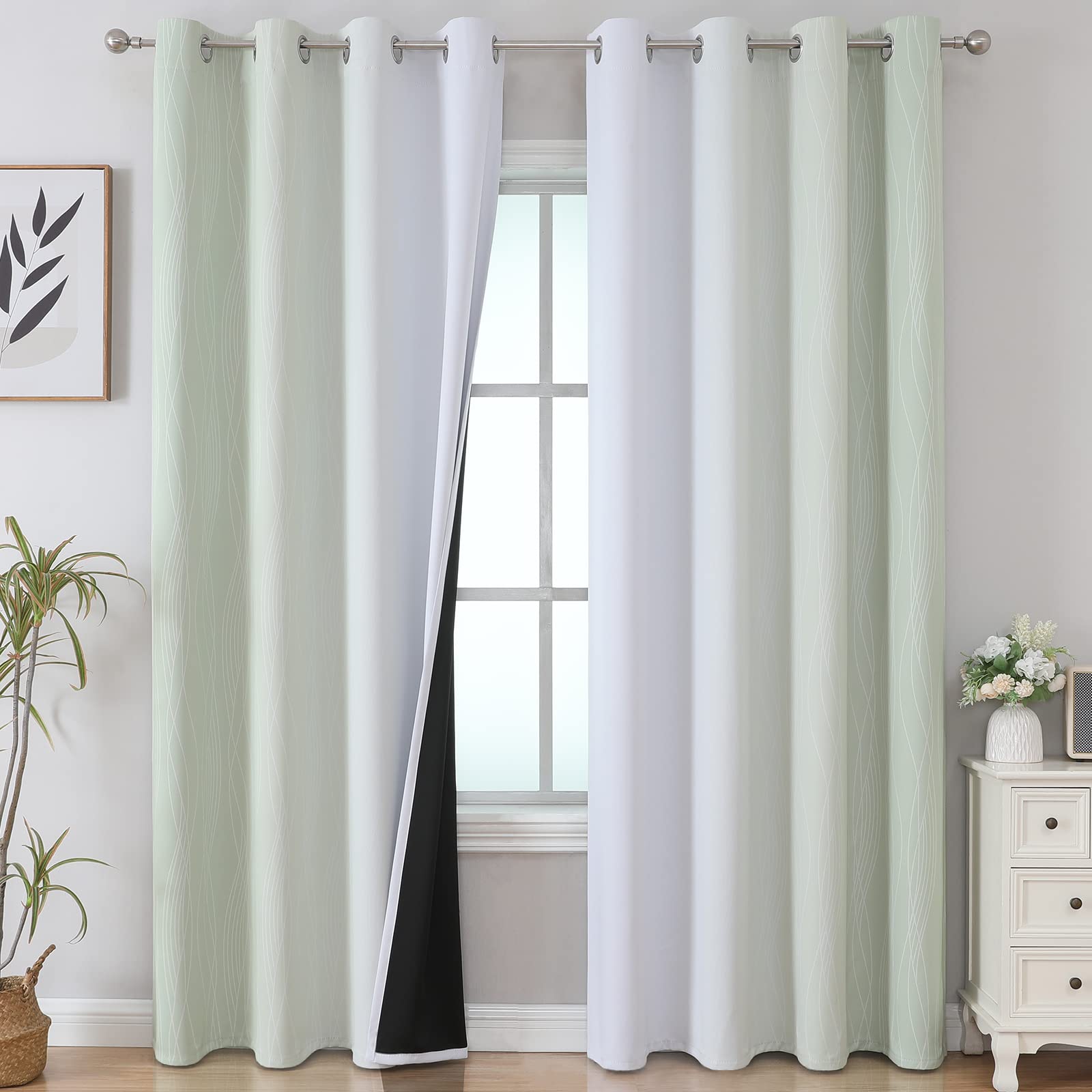 Estelar Textiler Sage And Grayish White Blackout Curtains 108 Inches Long, Thermal Insulated Drapes For Bedroom, Full Light Bloc