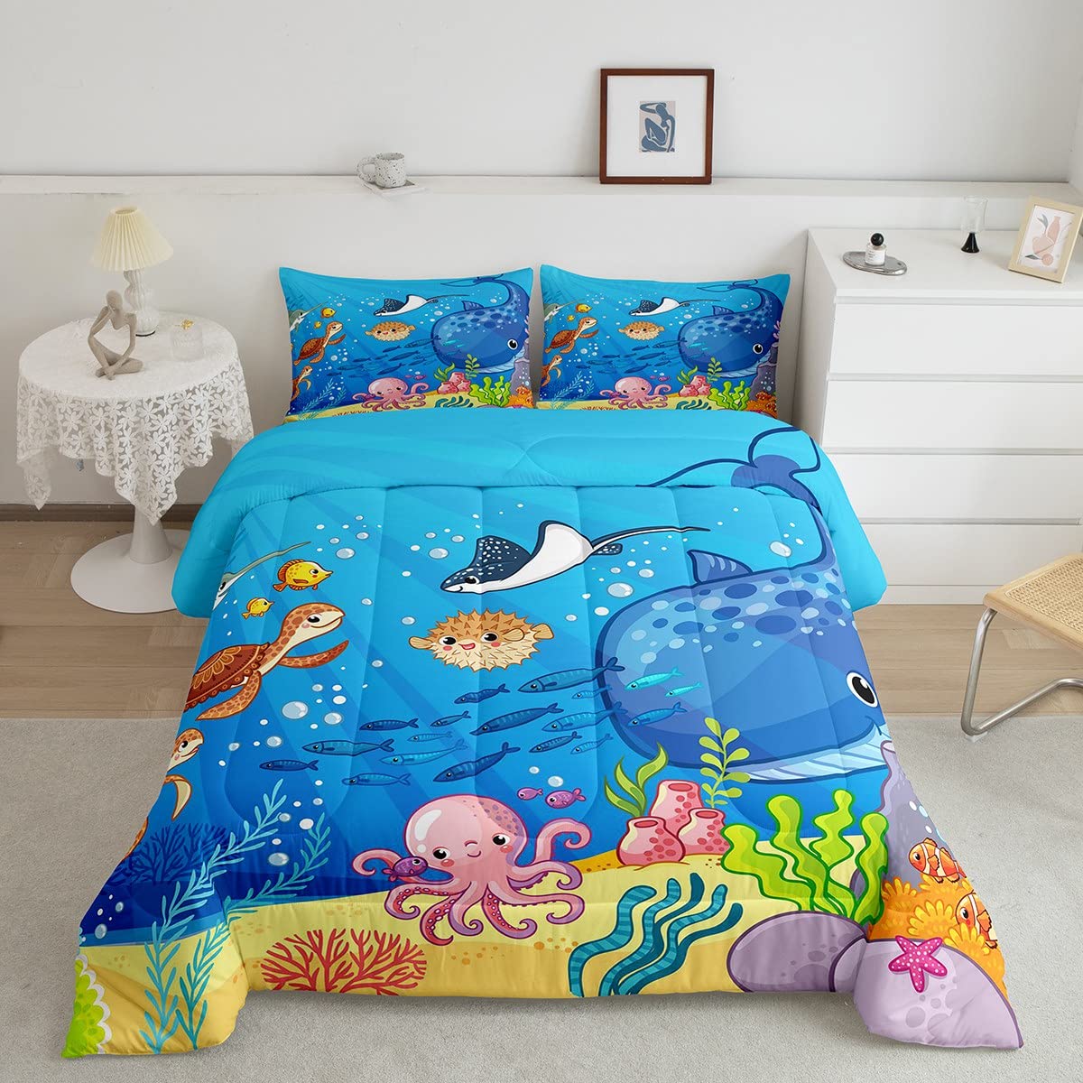 Marine Animals Comforter Set Twin,Shark Octopus Turtle Coral Bedding Set,Underwater World Cartoon Quilt Set 2Pcs For Kids Teens