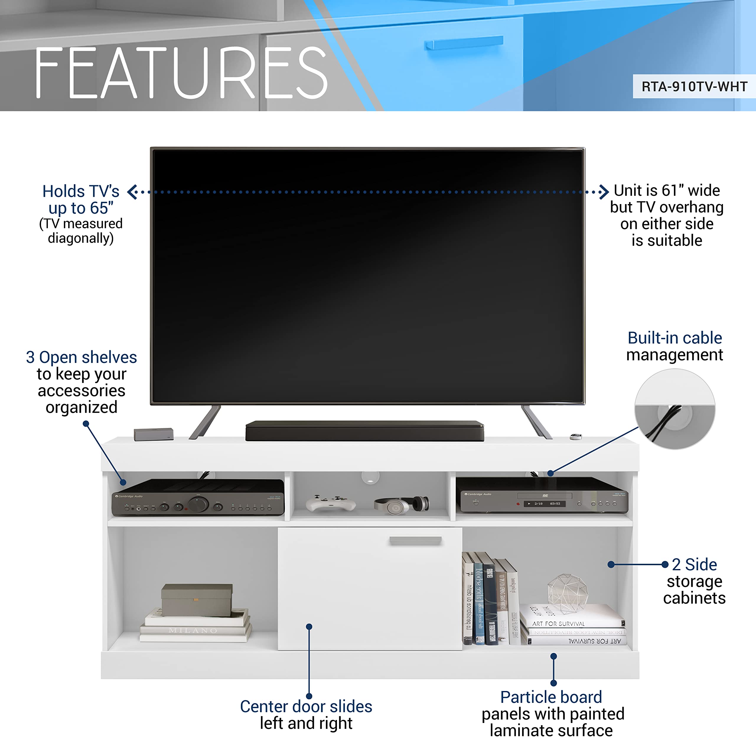 White Tv Stand For 65 Inch Tv, Entertainment Center With Storage For Living Room Or Bedroom With Cabinet And Storage, Television Stand Fits Screens Up To 65&Quot; When Measured Diagonally