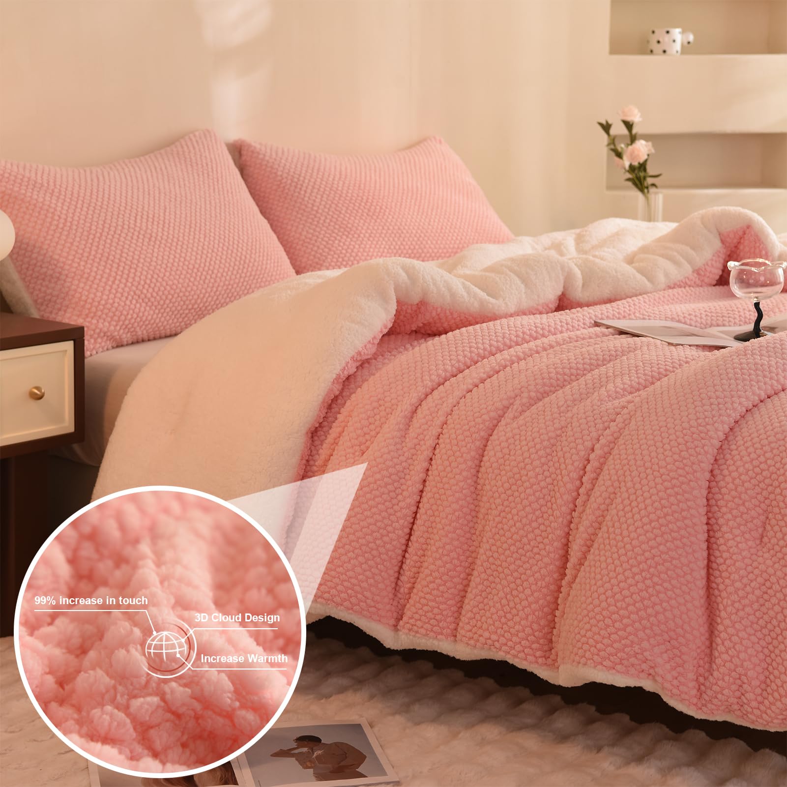 Llancl 3D Jacquard Design Comforter Set, Ultra-Soft Warm Queen Size Sherpa Fur Plush 3-Pieces Sets Luxury Cozy Bedding With 2 Pi