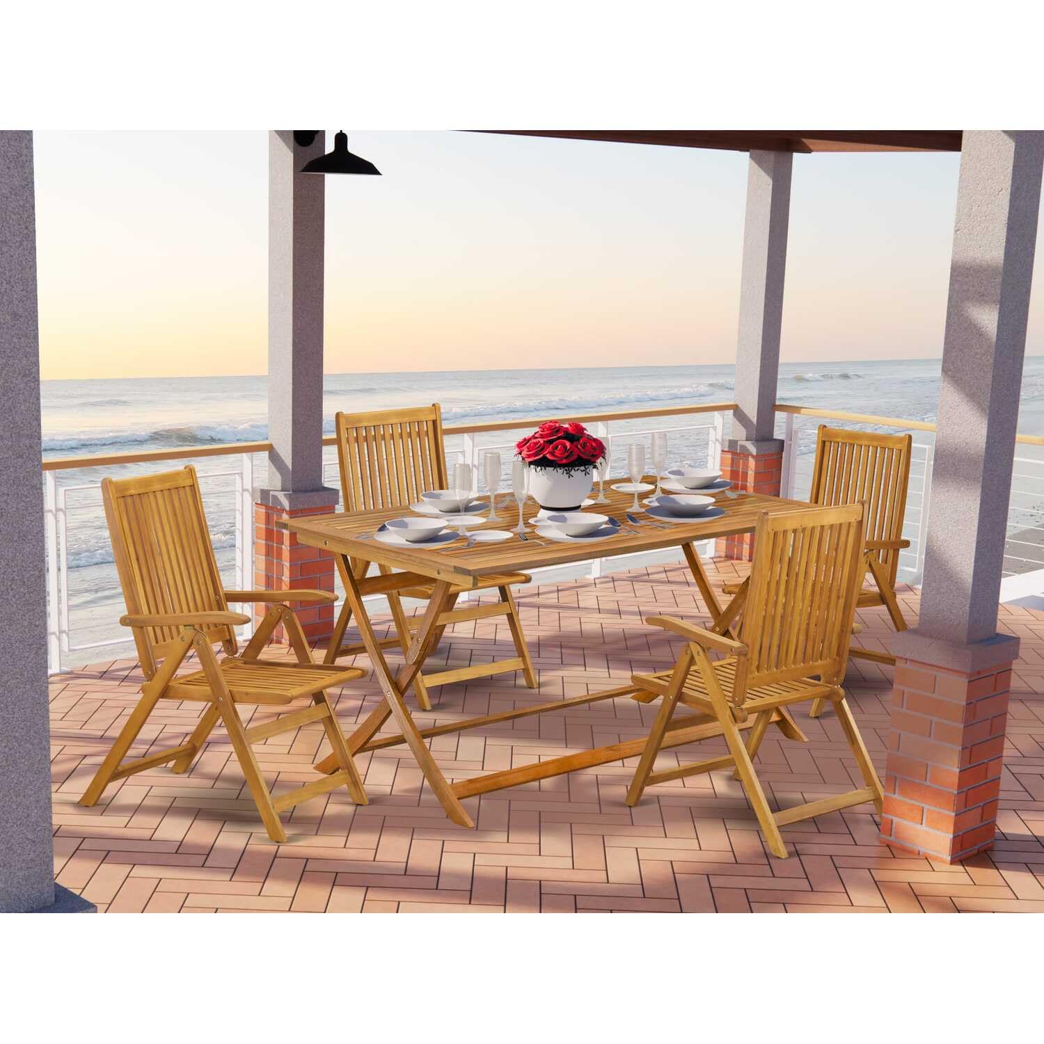 East West Furniture AECN5C5NA 5 Piece Patio Dining Set Includes a Rectangle Outdoor Acacia Wood Table and 4 Folding Adjustable Arm Chairs, 36x60 Inch, Natural Oil