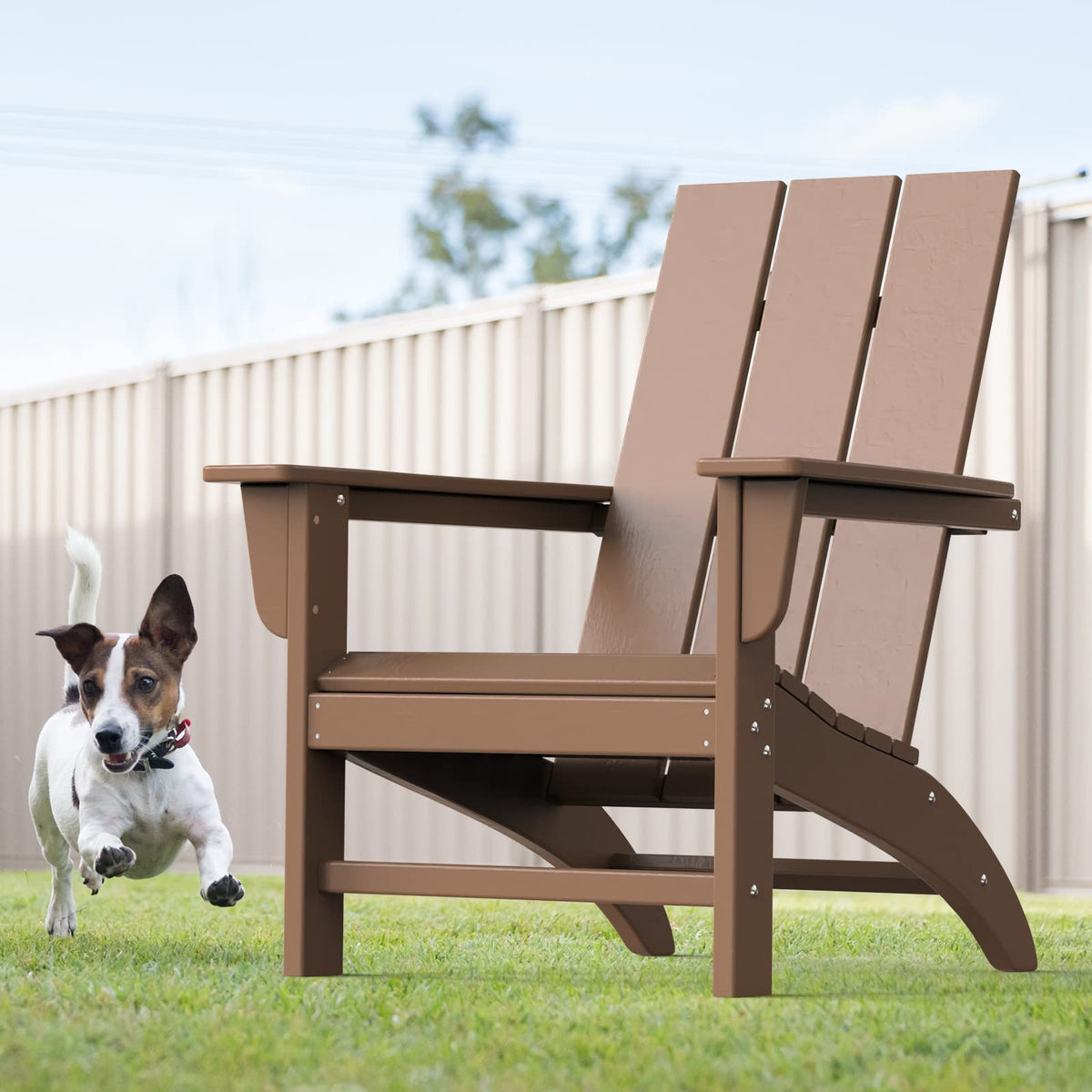 Modern Adirondack Chair Wood Texture, Poly Lumber Patio Chairs, Pre-Assembled Weather Resistant Outdoor Chairs For Pool, Deck, Backyard, Garden, Fire Pit Seating, Mahogany