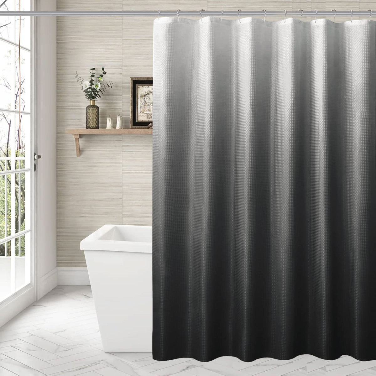 Bbiggood Black Shower Curtain For Bathroom, Ombre Waffle Weave Fabric Shower Curtain, Black White Gradual Neutral Bathroom Curta