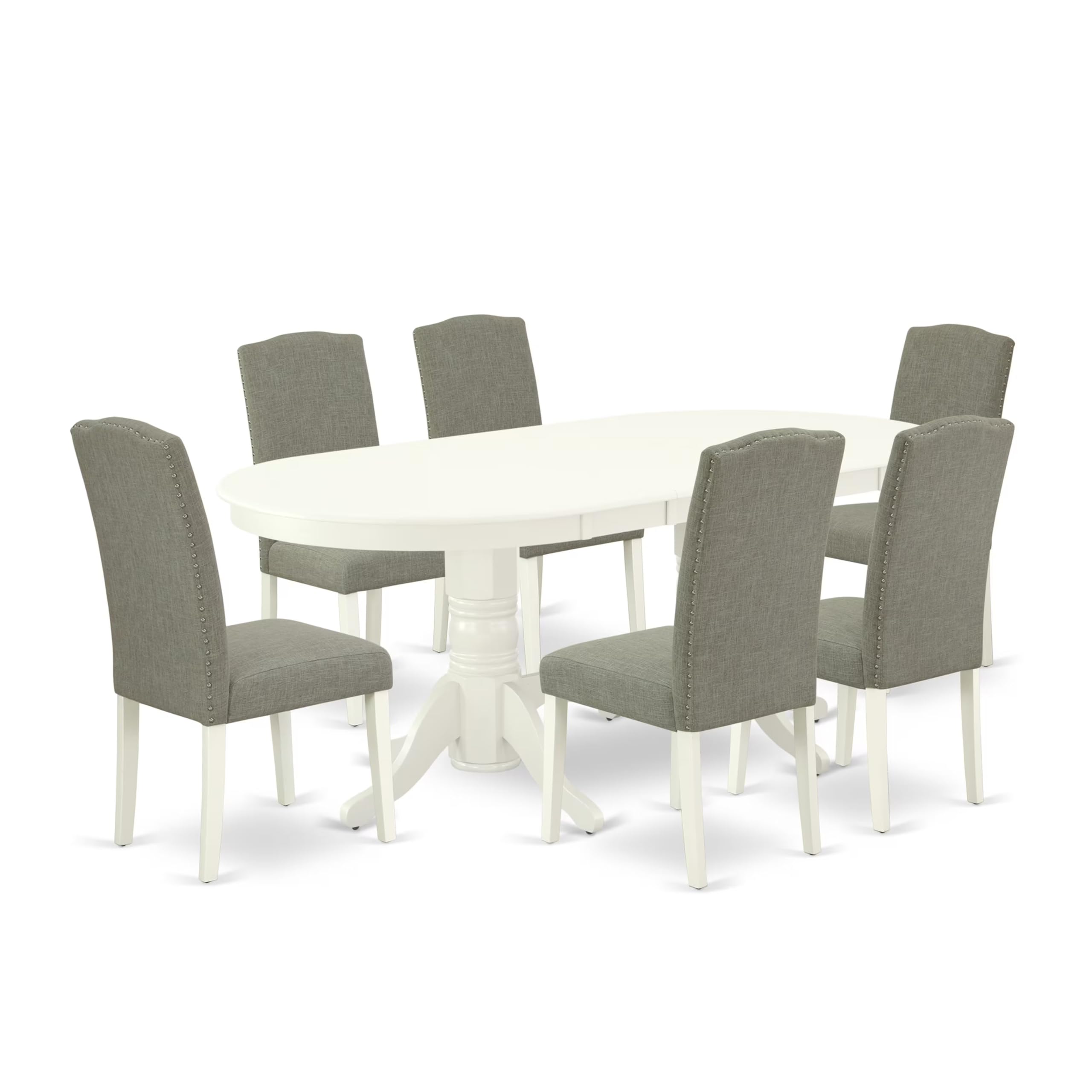 East West Furniture Vaen7-Lwh-06 7 Piece Kitchen Table Set Consist Of An Oval Dining Table With Butterfly Leaf And 6 Dark Shitake Linen Fabric Parson Chairs, 40X76 Inch, Linen White