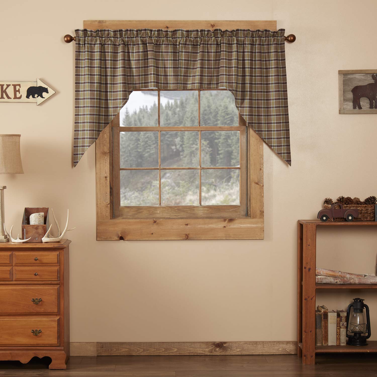 VHC Brands Rustic Khaki Tan Plaid Cotton Wyatt Kitchen Curtains Rod Pocket Swag Pair