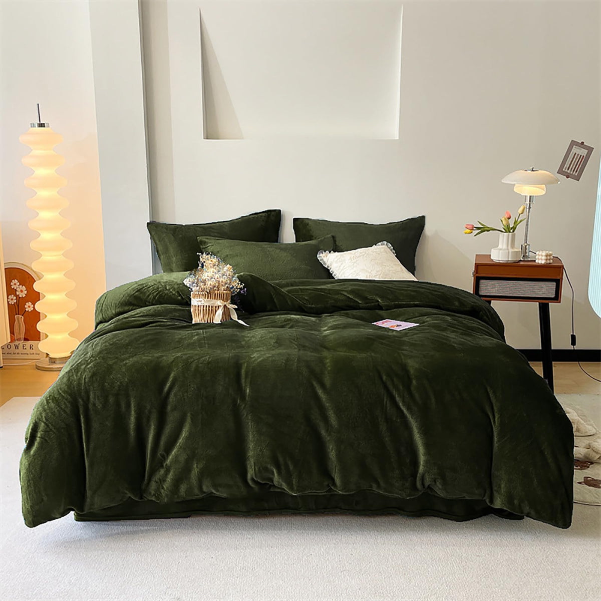 Luxlovery Army Green Velvet Comforter Set Green Flannel King Bedding Comforter Set Solid Olive Green Plush Blanket Minimalist Be
