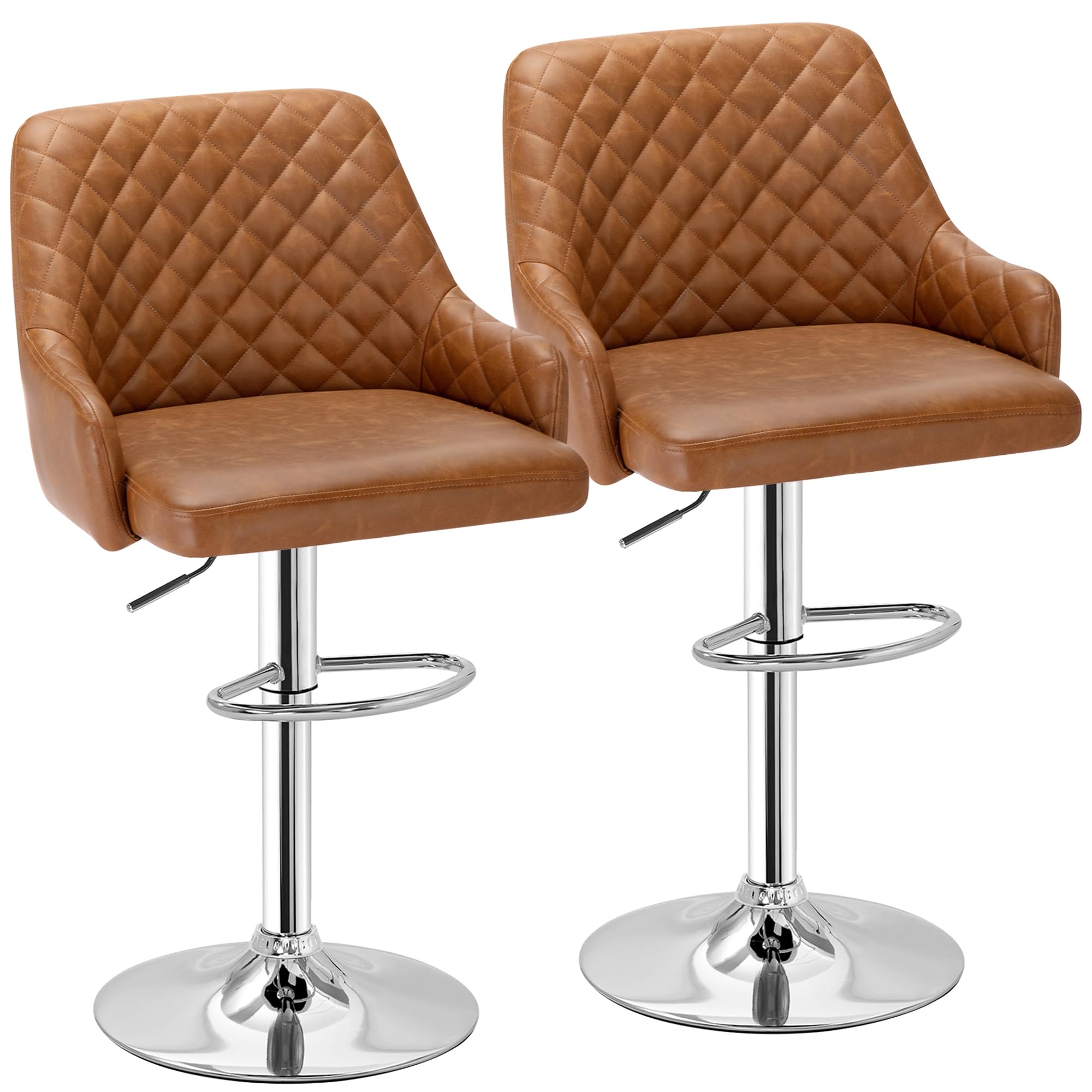VECELO Bar Stools Set of 2, Modern PU Leather Adjustable Bar Stools with Back, 360 Swivel Bar Height Stools for Kitchen Counter 