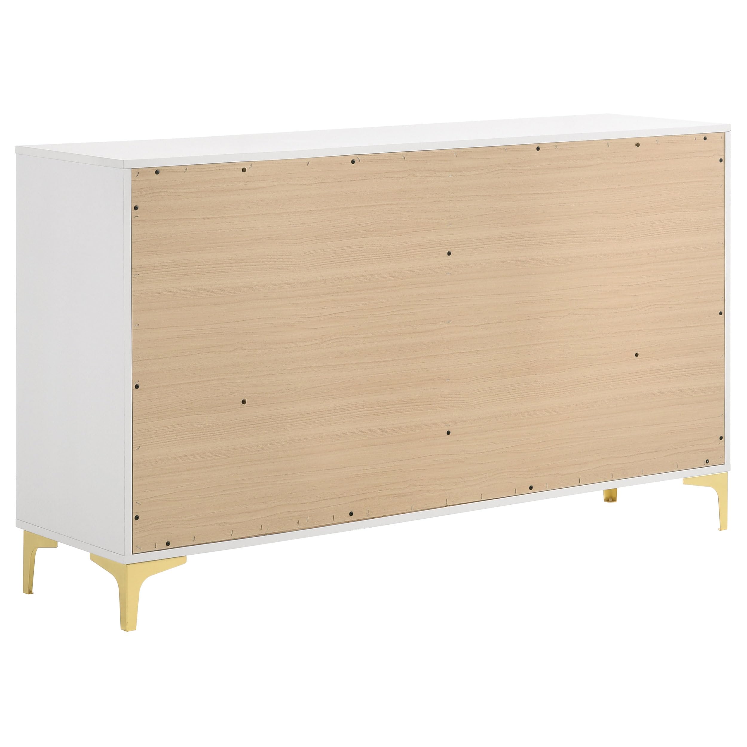 Coaster Home Furnishings Kendall 6-Drawer Contemporary Dresser Bedroom Clothing Storage Cabinet Engineered Wood Eco-Friendly Laminate with Gold Metal Legs and Handles White 224403