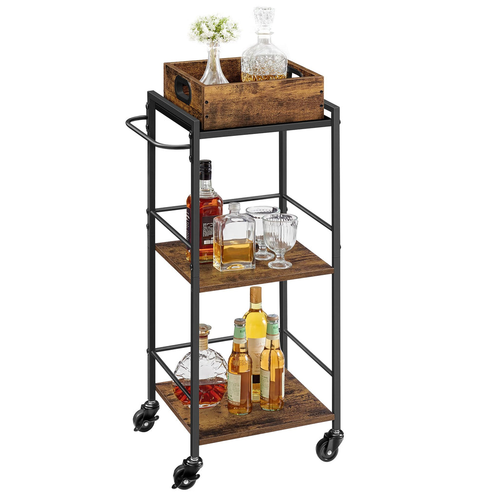 Vasagle Kitchen Serving Cart With Removable Tray, 3-Tier Kitchen Utility Cart On Wheels With Storage, With Brakes, Leveling Feet, 11.8 X 13.7 X 33.9 Inches, Rustic Brown And Black Ulrc062B01