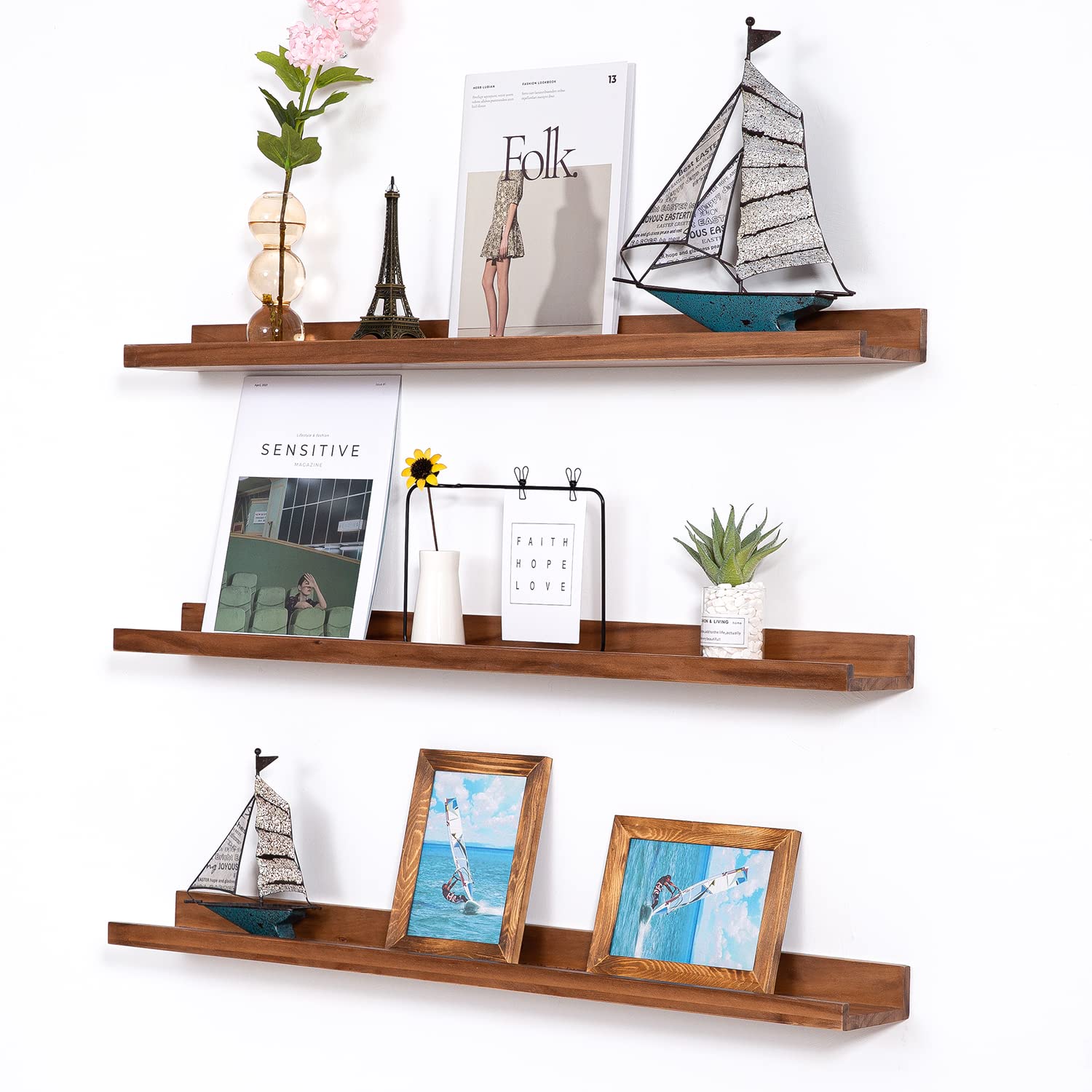 MBYD 36 Inch Photo Picture Ledge Shelf, Light Walnut Floating Wall Nursery Book Shelves Floating Bookshelf for Kids Bedroom Bath