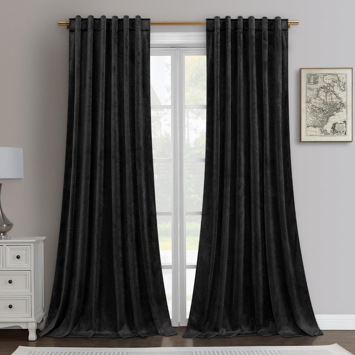 Homeideas Black Velvet Blackout Curtains 52 X 84 Inches, 2 Panels Soft And Thick Room Darkening Curtains/Drapes, Thermal Insulat
