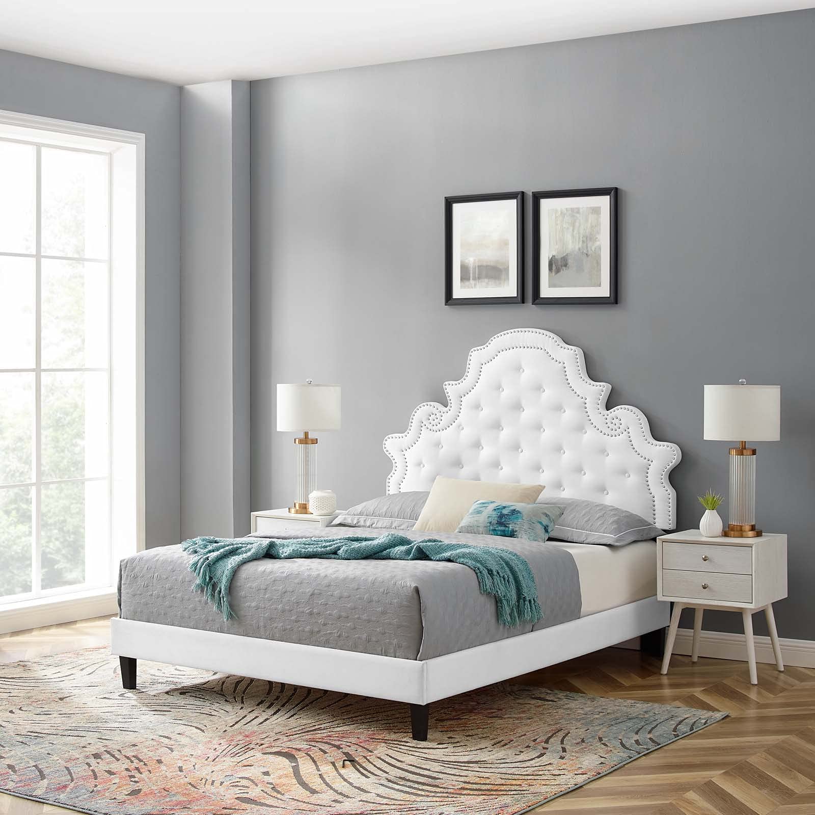 Modway Gwyneth Tufted Performance Velvet Queen Platform Bed In White With Black Wood Legs