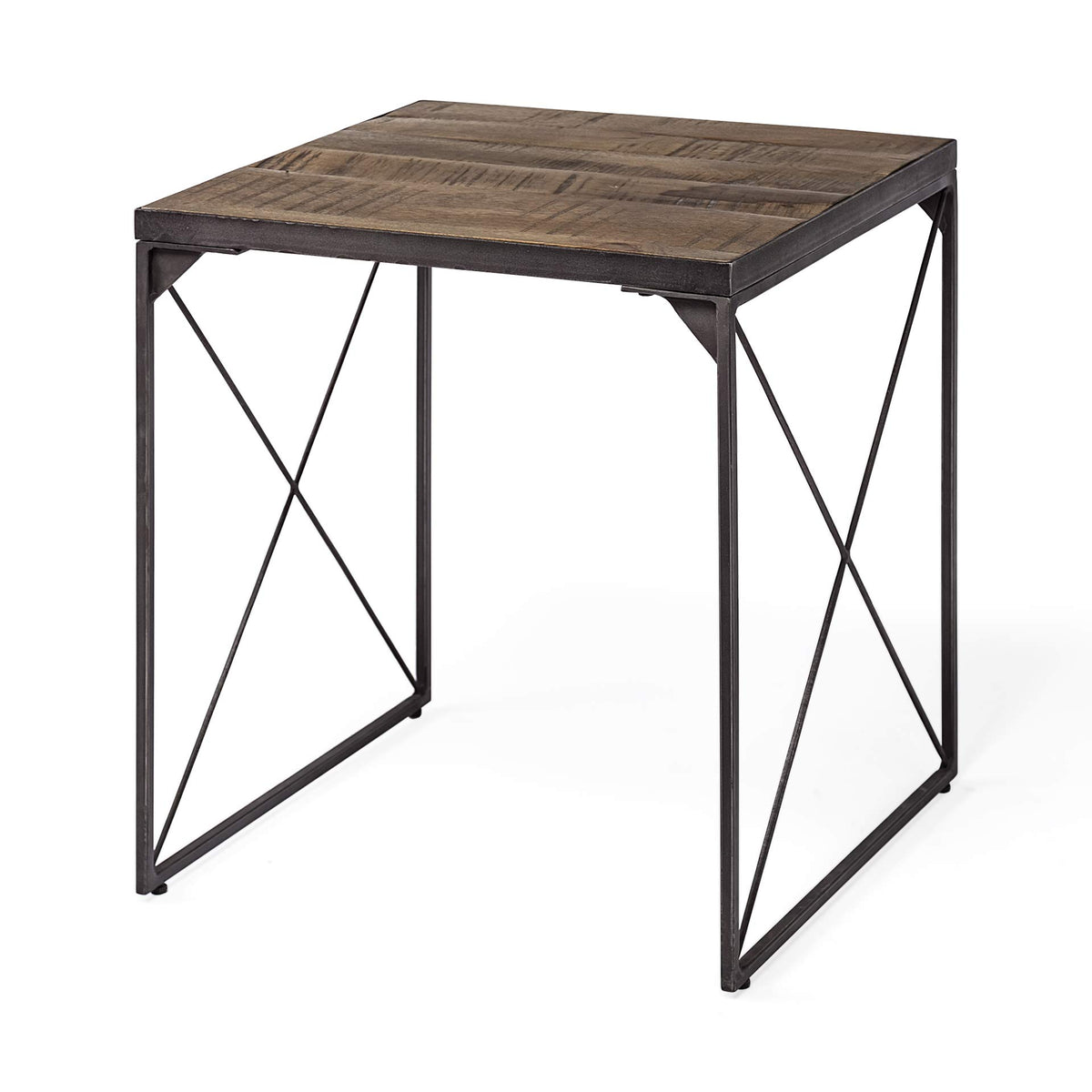 HomeRoots Black Metal Medium Brown Wood Side Table with Square Top and Iron Cross Braced